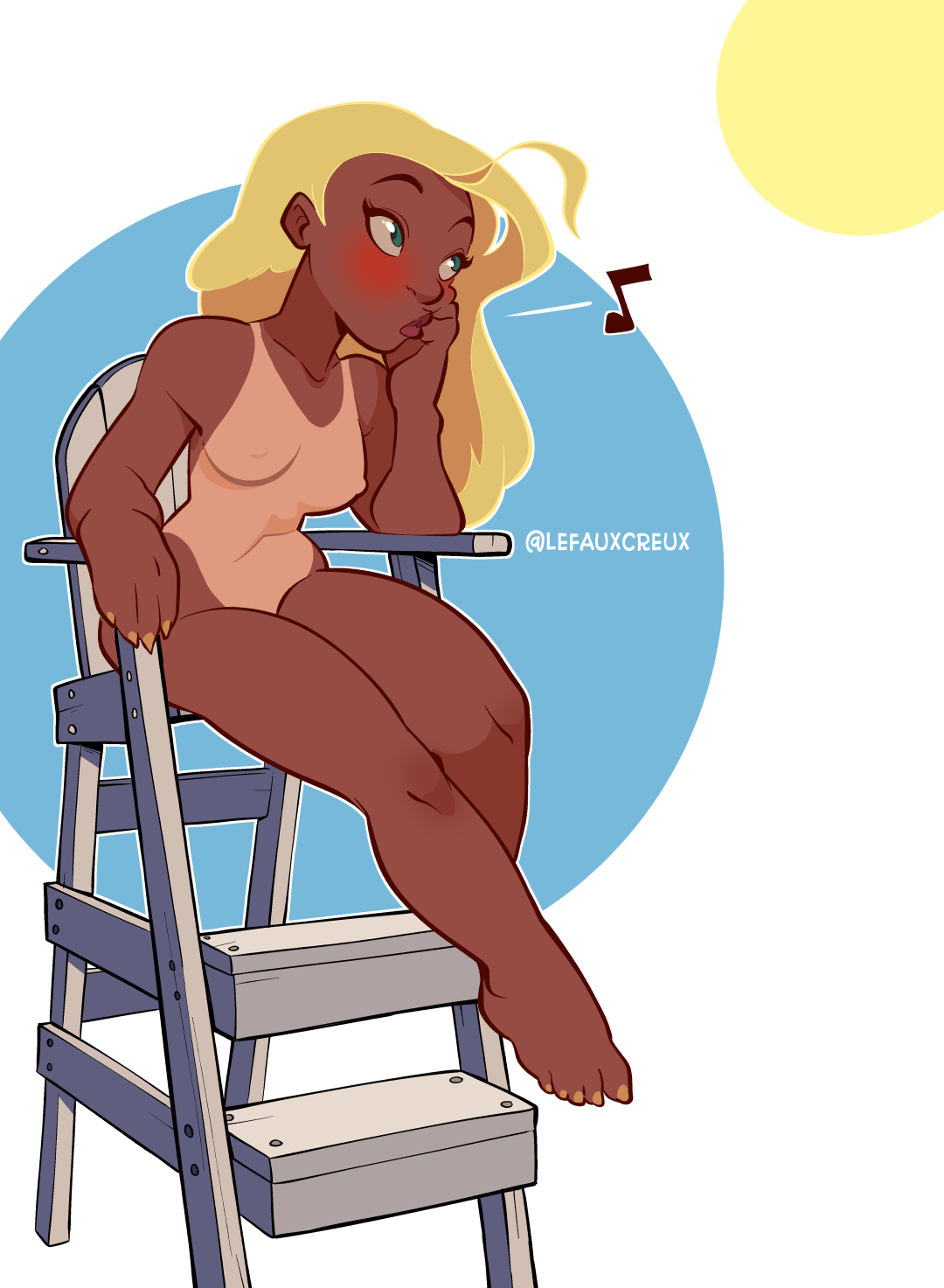 1girls, barefoot, blonde, blonde hair, blush, boobs, breasts, casual, casual nudity, creux, feet, female, green eyes, legs, lifeguard, lifeguard (lilo and stitch), lilo and stitch, nude, tanline