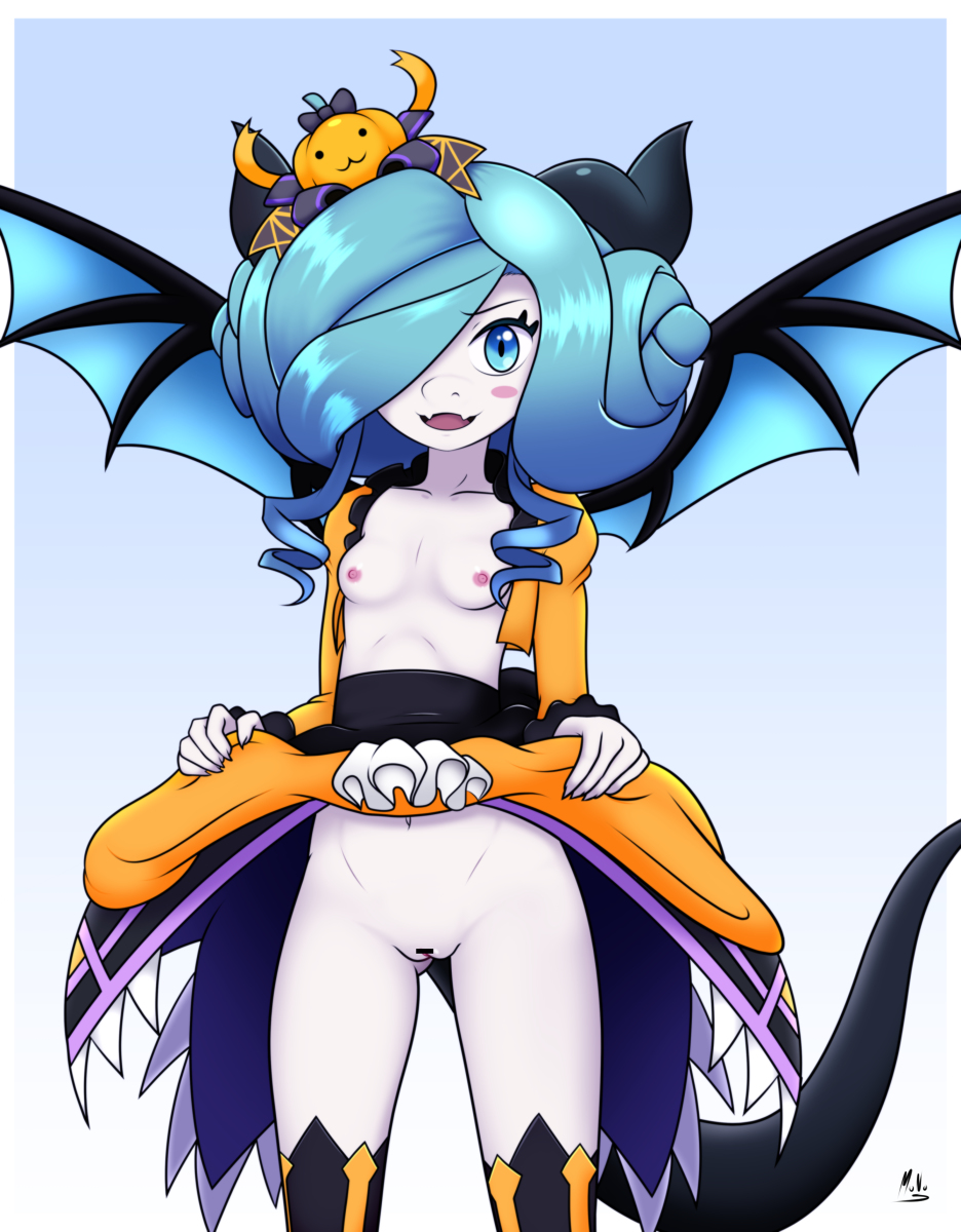 bat_wings blue_eyes blue_hair blush censored costume cygames dragalia_lost dragon dragon_girl dragon_horns hair_bun halloween halloween_costume horn kneehighs looking_at_viewer monosex monster_girl nintendo no_panties no_pubic_hair one_eye_covered pale_skin silke skirt_lift small_breasts smile tail wings