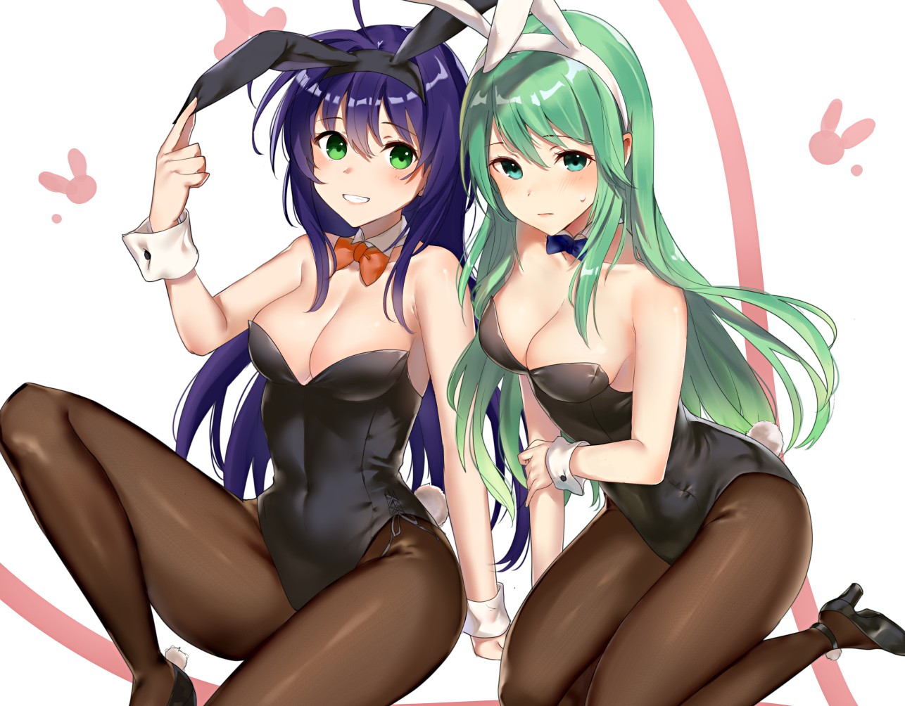 2girls, ahoge, alternate costume, animal ears, bare shoulders, blue eyes, bow, bowtie, breasts, bunny ears, bunny girl, bunnysuit, cleavage, covered navel, detached collar, female, female only, fire emblem, fire emblem: path of radiance, fire emblem: radiant dawn, green eyes, green hair, haru (nakajou-28), high heels, long hair, medium breasts, mia (fire emblem), multiple females, multiple girls, nephenee (fire emblem), pantyhose, playboy bunny, purple hair, rabbit ears, smile, wrist cuffs