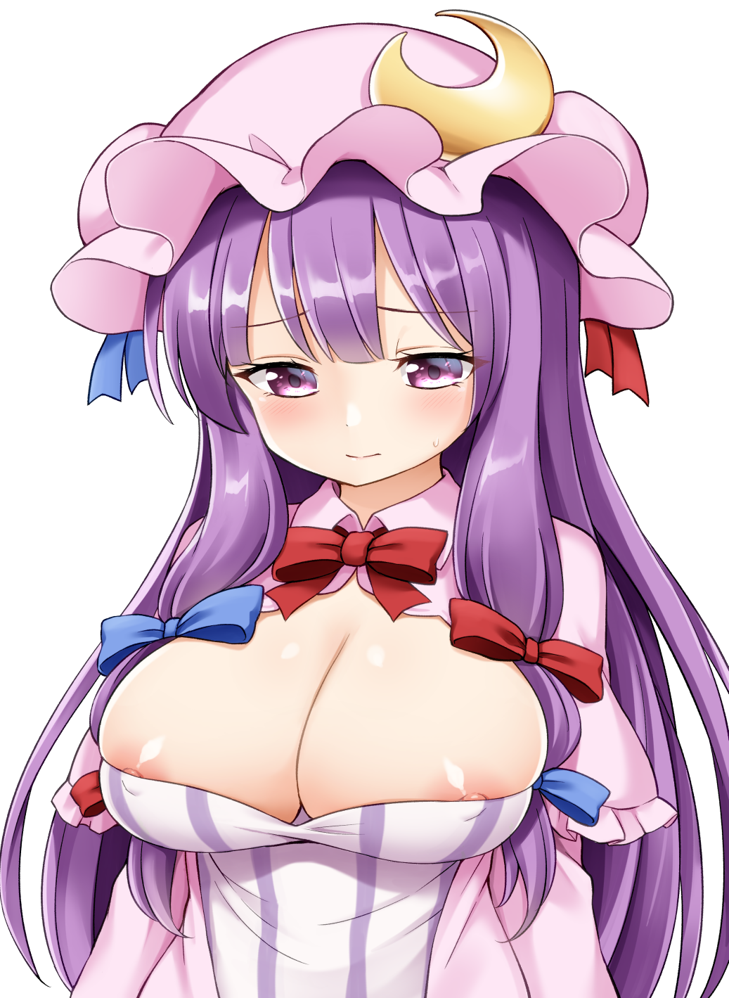 1girls areola_slip areolae blush exposed_breasts female female_focus hair_ornament hat light-skinned_female light_skin long_hair nipples no_bra patchouli_knowledge purple_eyes purple_hair slight_smile solo suwa_yasai sweat_drop tagme touhou upper_body witch