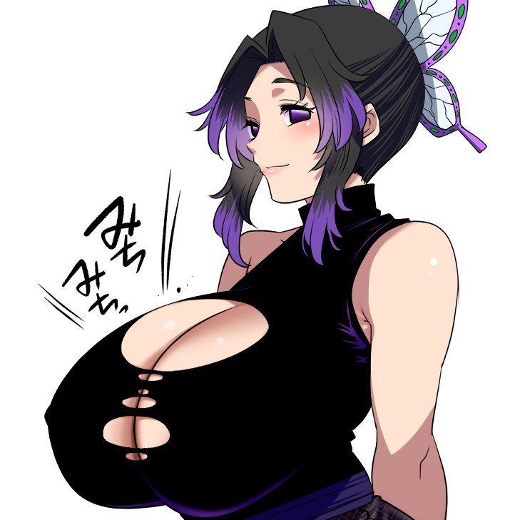 bare_shoulders big_breasts black_hair breasts_bigger_than_head butterfly_hair_ornament cleavage demon_slayer female female_only huge_breasts kimetsu_no_yaiba kochou_shinobu looking_at_viewer perepere-kun purple_eyes ripped_clothing ripping sleeveless sleeveless_shirt smile solo tearing torn_clothes two_tone_hair upper_body