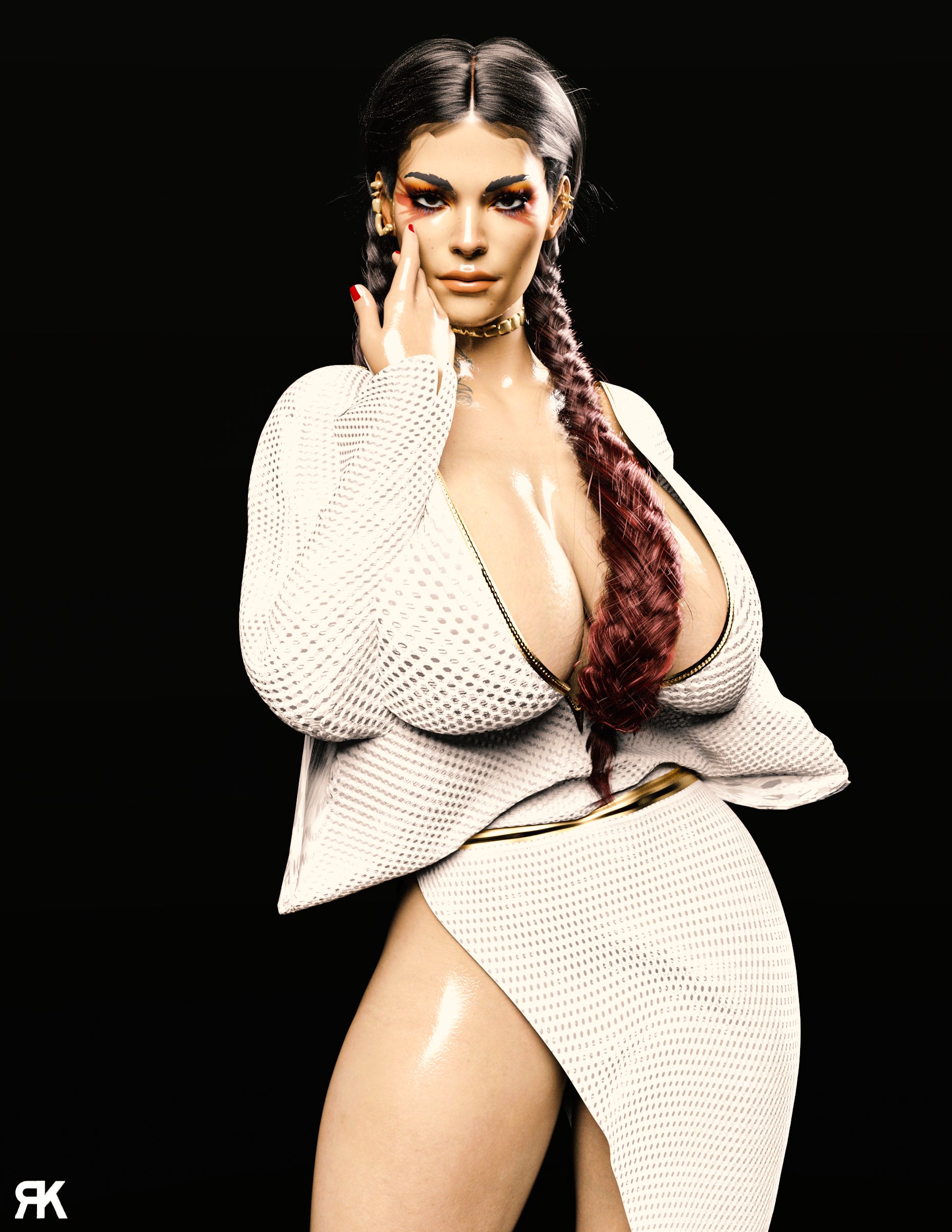 1girls, 3d, apex legends, big breasts, black background, braided twintails, breasts, brown hair, cleavage, clothed, earrings, female, female only, hand on own face, huge breasts, krey3d, large breasts, loba (apex legends), looking at viewer, nail polish, red hair, robe, shiny skin, solo, tan skin, tattoo, thick, thick thighs, thighs, twintails, voluptuous, wide hips