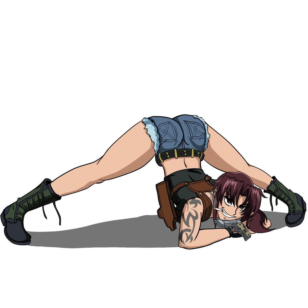 1girls, ass, big ass, big butt, black lagoon, boots, booty shorts, cigarette, crop top, female, female only, fully clothed, gun, jack-o pose, long hair, revy, shorts, smoking, solo, thick ass, thick legs, thick thighs, yellow eyes