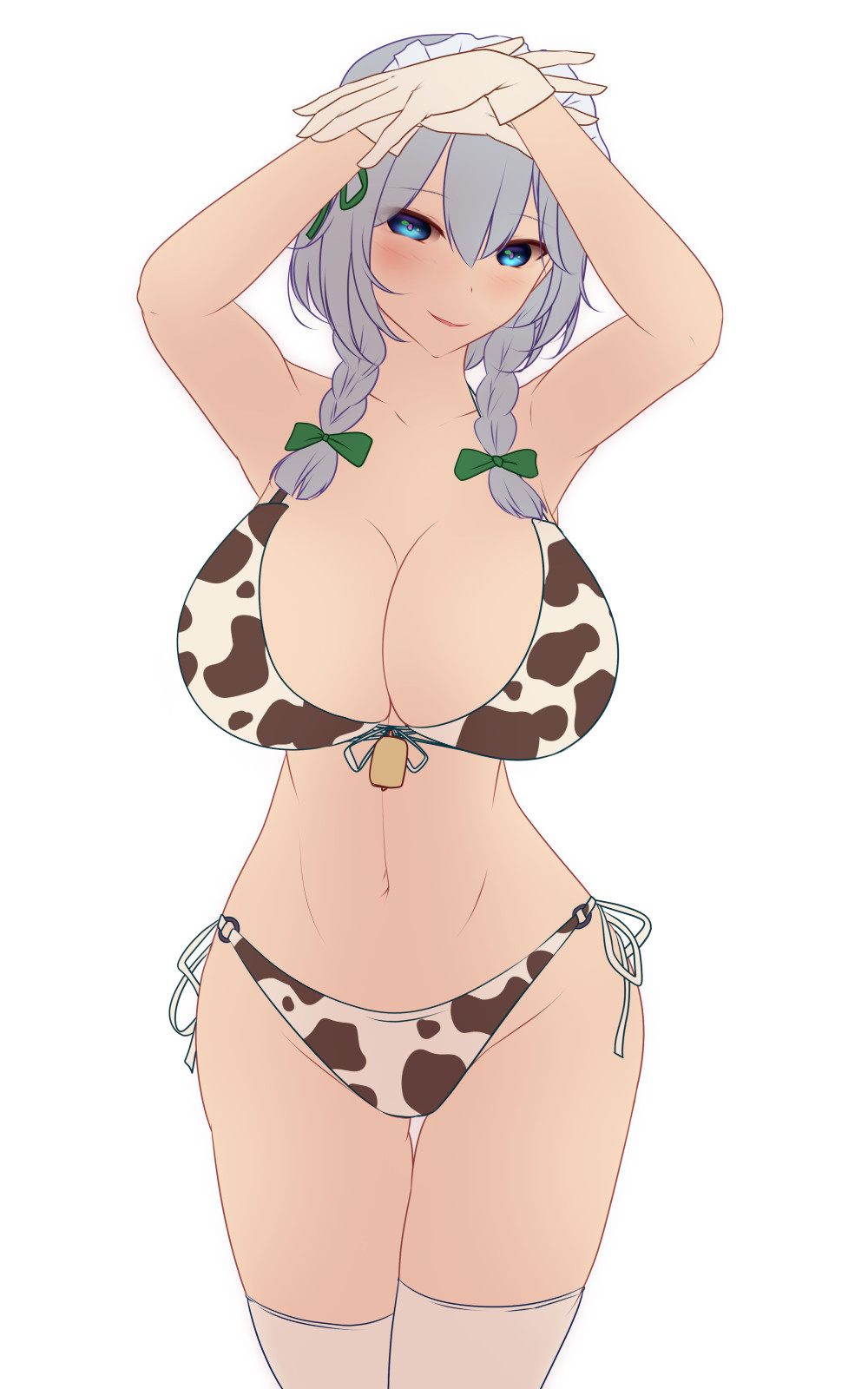 1girls big_breasts blue_eyes cow_print cow_print_bikini cowboy_shot female green_hair sakuya_izayoi shounen_(hogehoge) solo tagme touhou