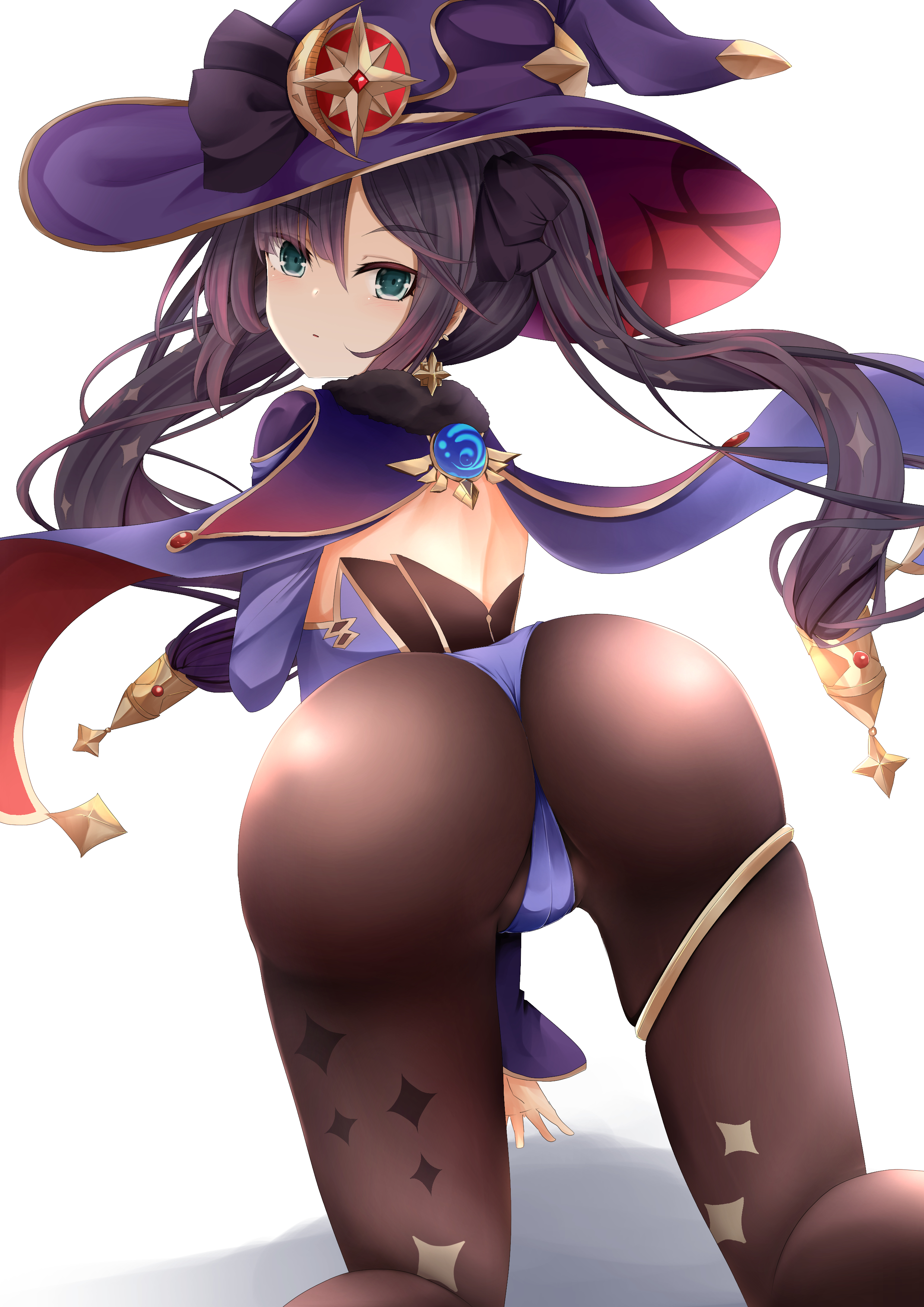 1girls, ass, blue eyes, bubble ass, bubble butt, ear piercing, female, genshin impact, hat, kitora (artist), long hair, looking at viewer, mona (genshin impact), on knees, open mouth, purple hair, pussy, solo, twintails, vagina visible through clothing, white background