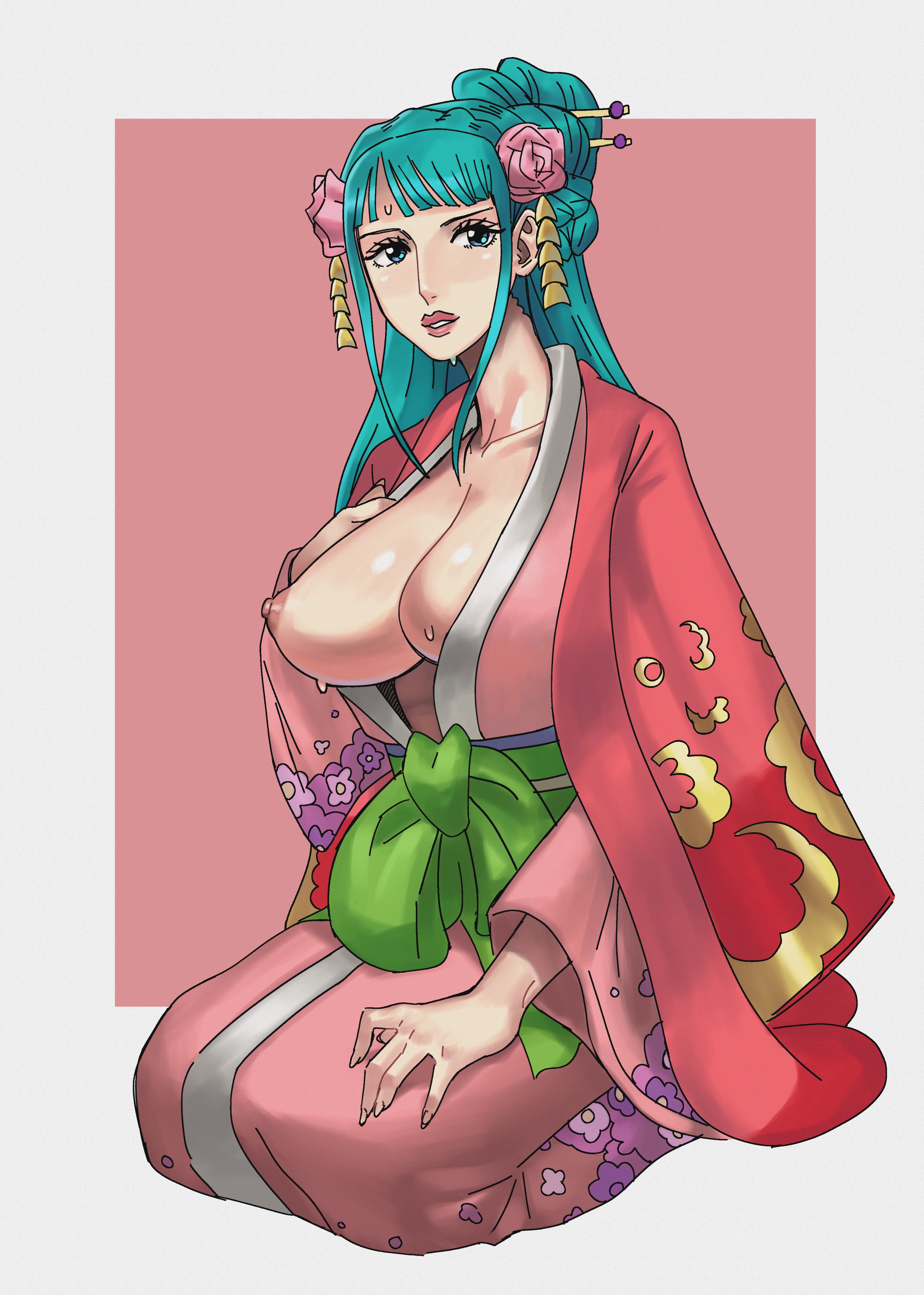 1girls, artist request, breasts, breasts out, female, female only, green hair, green-haired female, haori, japanese clothes, kimono, kozuki hiyori, long hair, no bra, one piece, sweat, sweatdrop