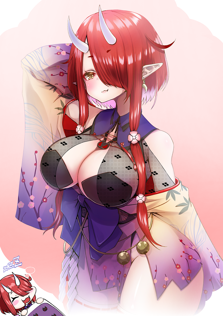 1girls big_breasts blush breasts demon demon_girl demon_horns hoozuki_warabe japanese_clothes kajimakoto noripro oni oni_horns pointy_ears red_hair revealing_clothes thick_thighs thighs virtual_youtuber yellow_eyes