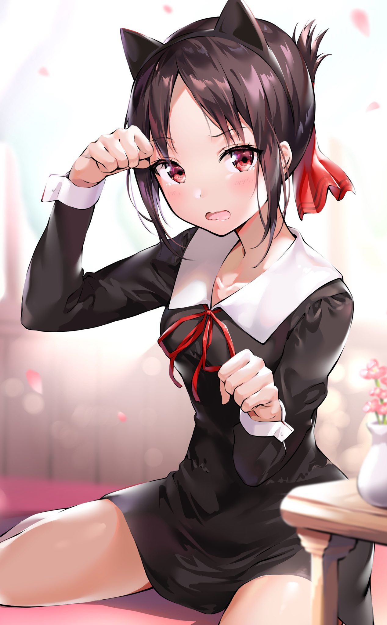 ale_nqki animal_ears bangs black_dress black_hair blush breasts clavicle collared_dress dress eyebrows_visible_through_hair fake_animal_ears female flower flower_pot hair_ornament hair_ribbon high_resolution kaguya-sama_wa_kokurasetai_~tensai-tachi_no_renai_zunousen~ long_sleeves looking_at_viewer nekomimi open_mouth parted_bangs paw_pose petals red_eyes red_neckwear red_ribbon ribbon shinomiya_kaguya short_hair sidelocks sitting small_breasts solo tagme tears thighs wariza wooden_table