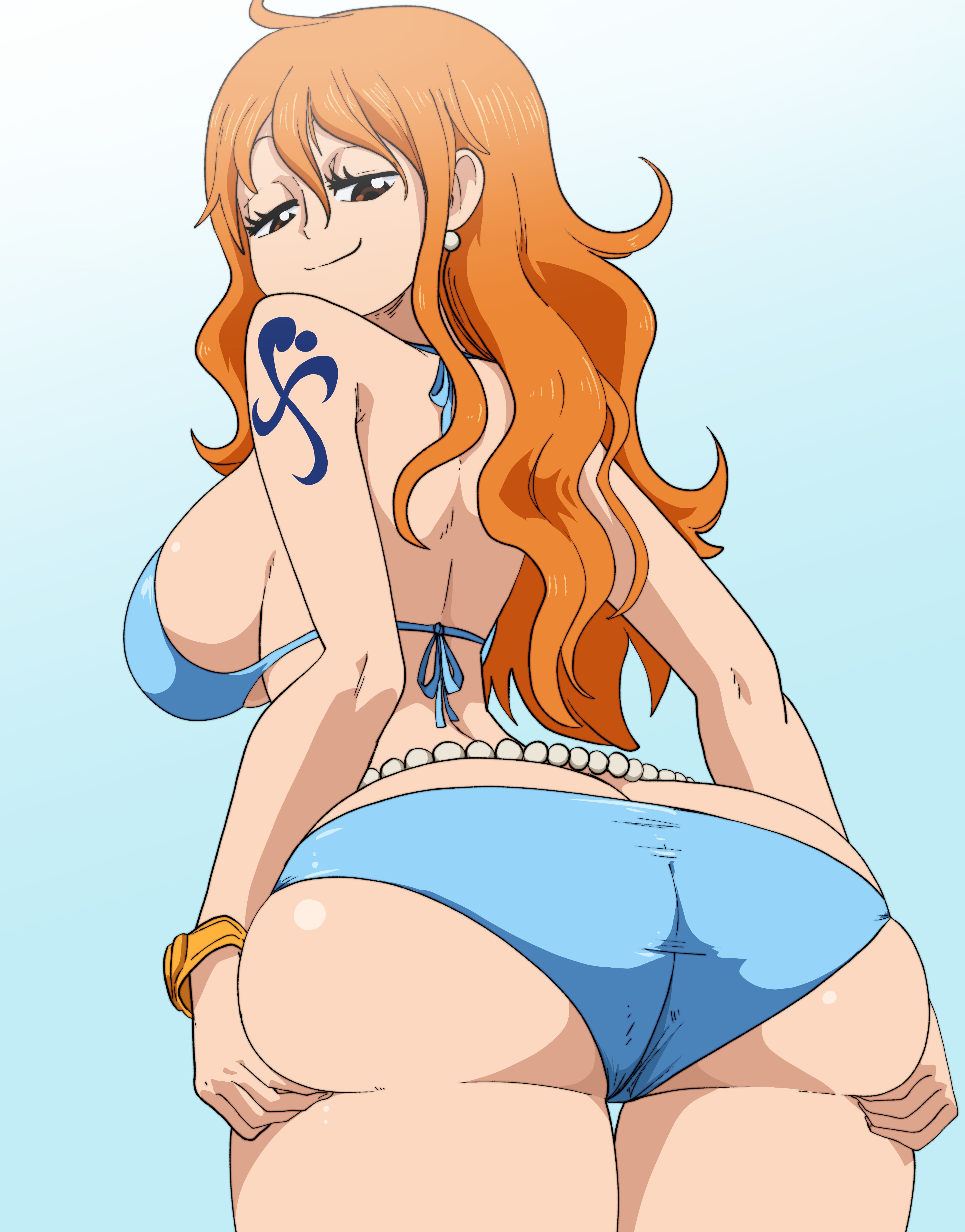 1girls, arm tattoo, ass, ass cleavage, ass crack, ass support, big ass, big breasts, big butt, bikini, blue tattoo, breasts, bubble ass, bubble butt, butt crack, earrings, fat ass, fat butt, female, female only, inker comics, inkershike, large ass, large breasts, large butt, light skin, light-skinned female, long hair, looking at viewer, looking back, nami (one piece), one piece, orange hair, orange-haired female, pearls, post-timeskip, shounen jump, tattoo, thick ass, thick thighs, wide hips