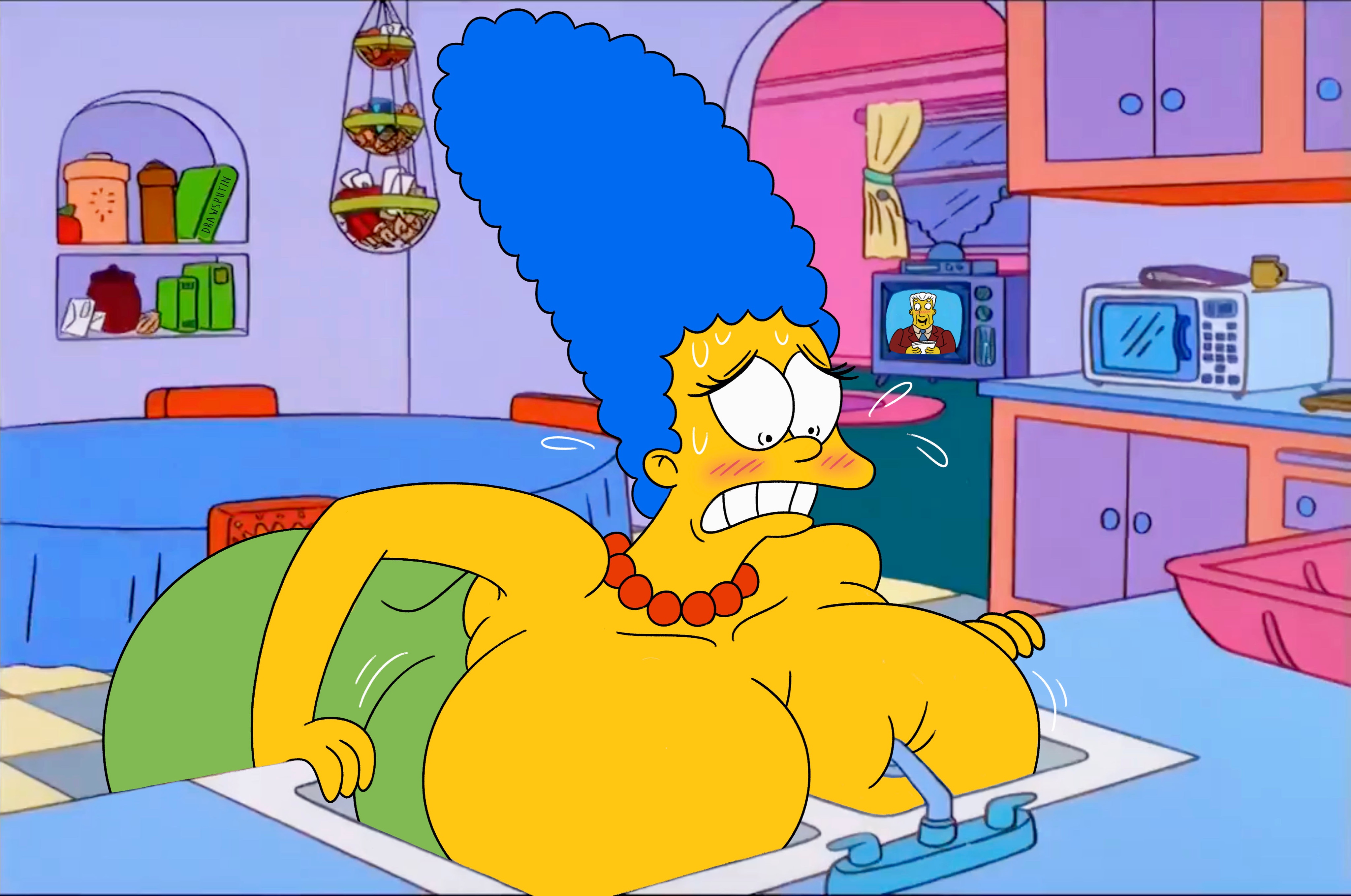 1girls, alternate breast size, ass, bent over, big ass, big breasts, blue hair, blush, blushing, breast expansion, breast growth, breast growth (enlargement), breasts, cleavage, clothing, drawsputin, dress, embarrassed, expansion, female, huge breasts, kitchen, marge simpson, milf, necklace, sink, solo, solo female, sweat, sweatdrop, the simpsons, yellow skin