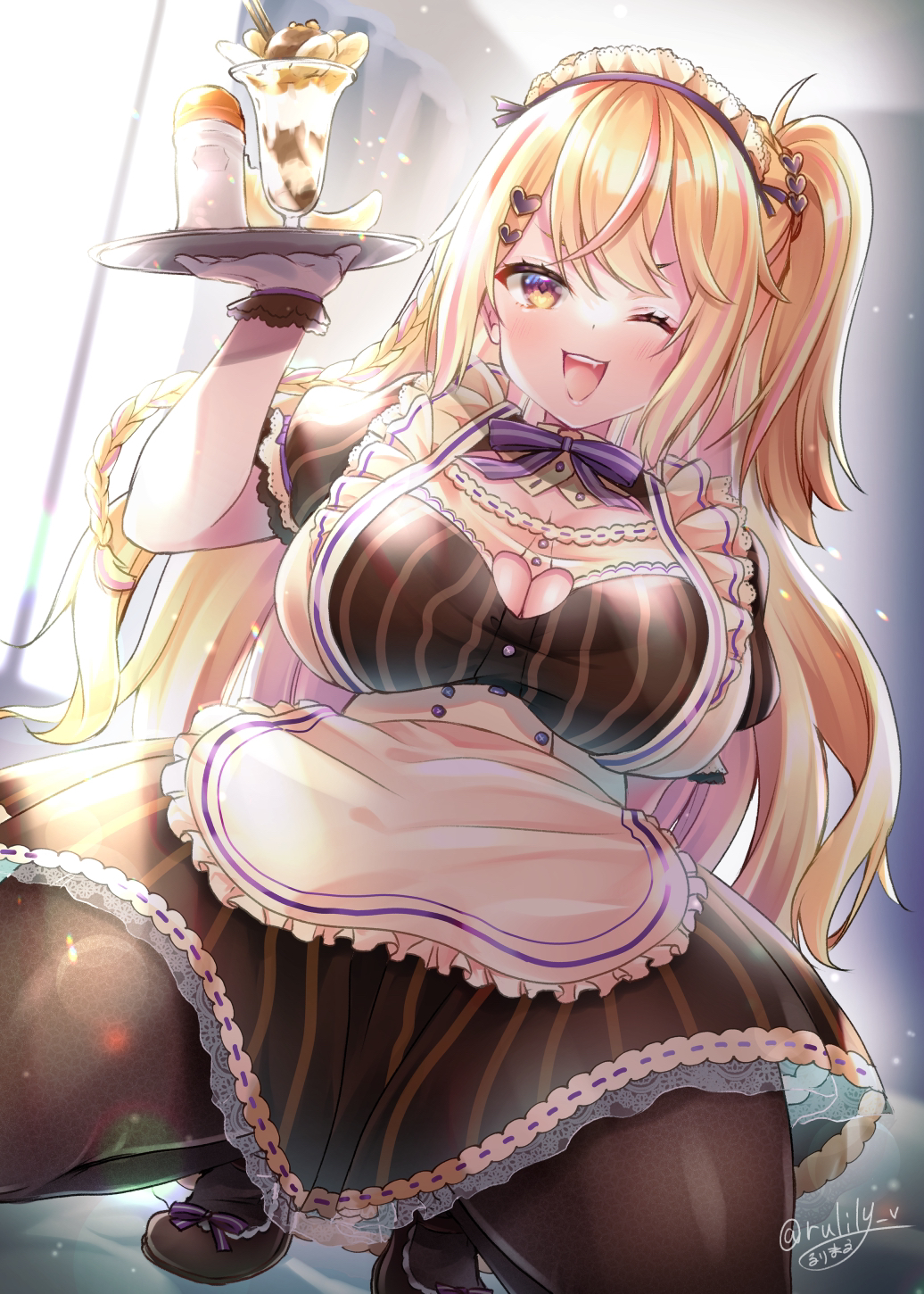 1girls big_breasts blonde_hair breasts maid maid_headdress maid_uniform noripro red_eyes revealing_clothes rulily_v thick_thighs thighs tight_clothing virtual_youtuber wink yellow_eyes yumeno_lilith