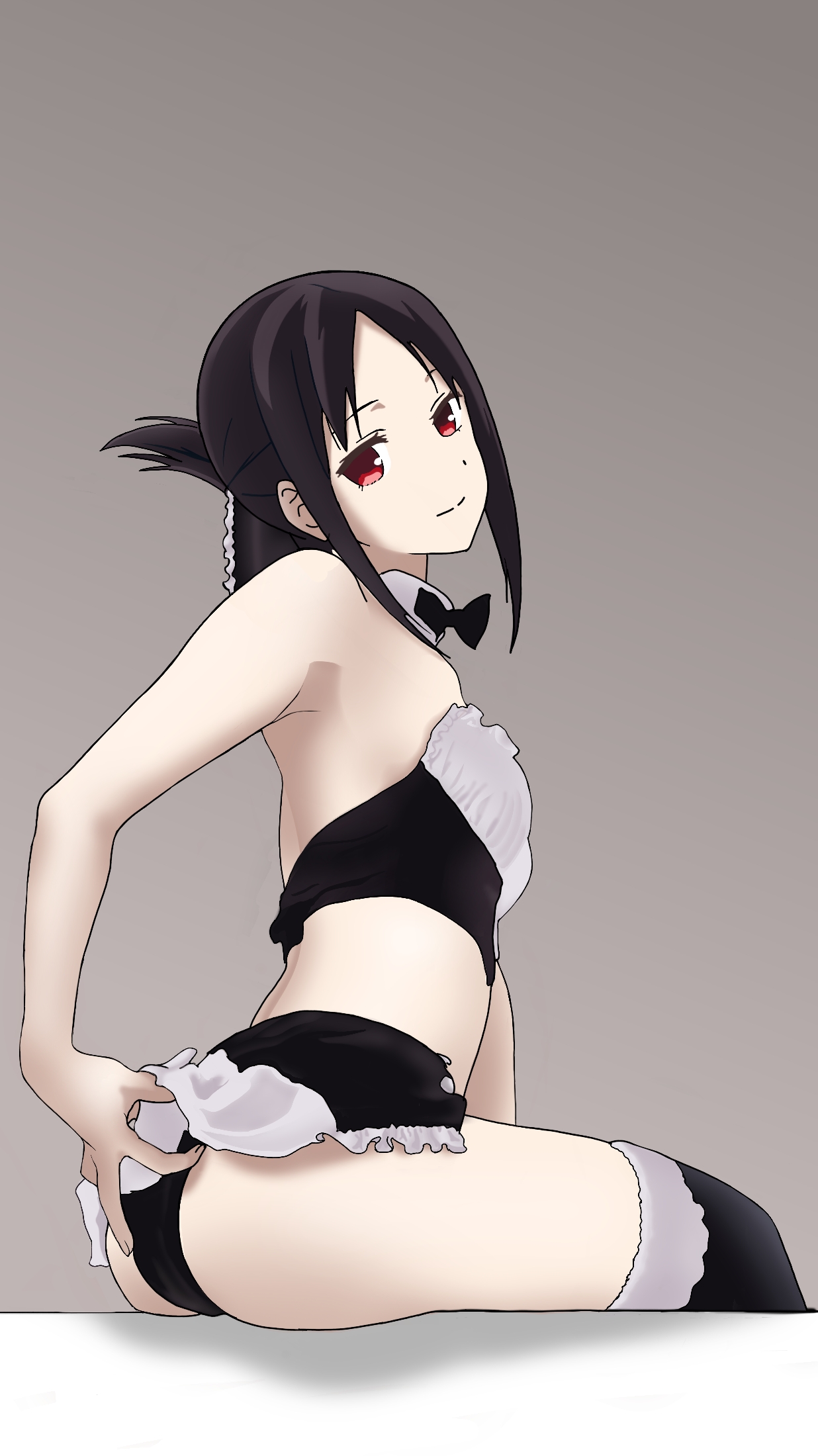 1girls, alero, armpits, bangs, black hair, clothing, colored skin, female, female only, folded ponytail, head tilt, high resolution, jewelry, kaguya-sama wa kokurasetai ~tensai-tachi no renai zunousen~, long hair, looking at viewer, maid, necklace, parted bangs, pettanko, ponytail, red eyes, shinomiya kaguya, simple background, smile, solo, stockings, thighs, tied hair, white background, white skin