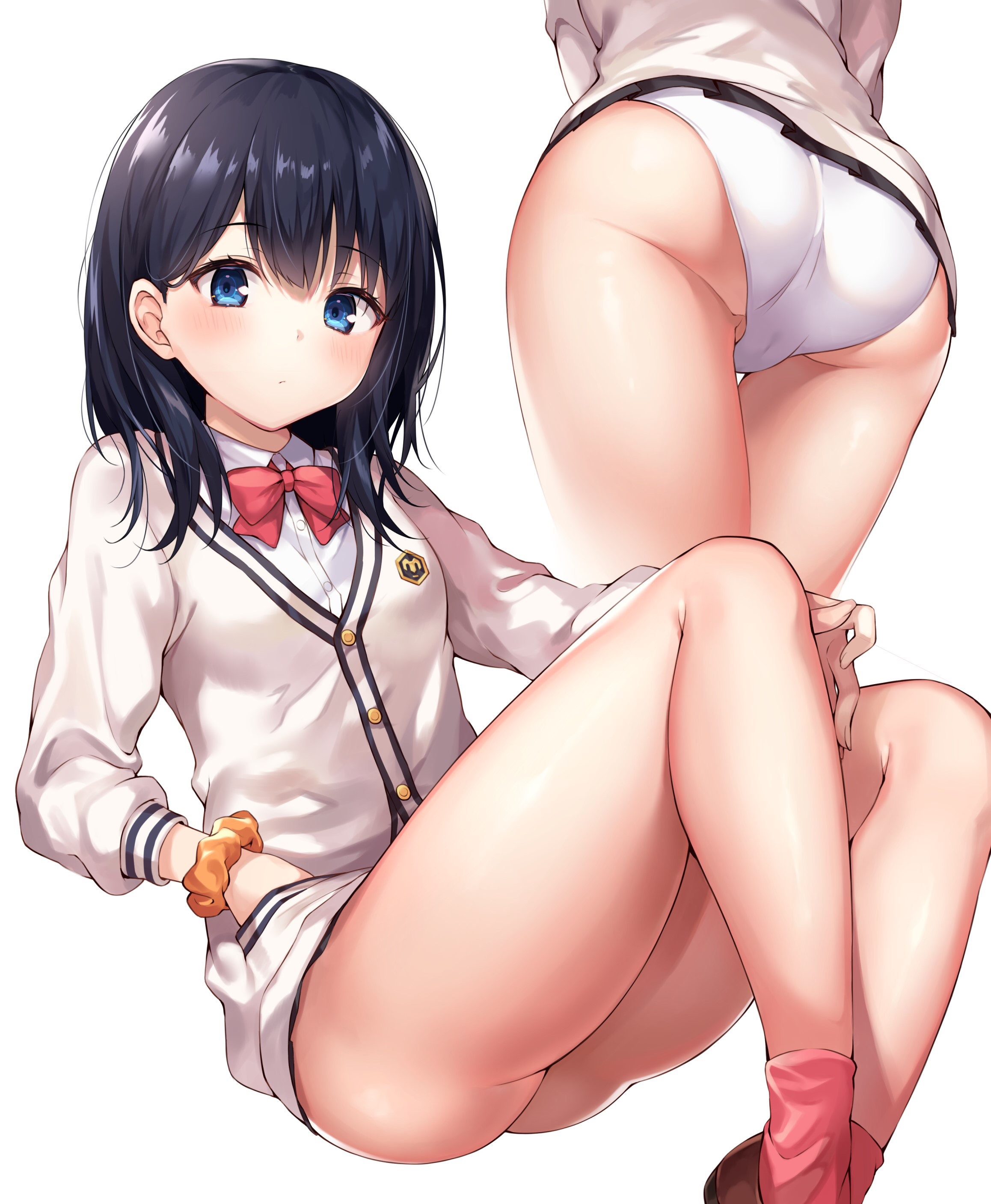 ale nqki, ass, bangs, bent knees, black hair, black skirt, blue eyes, blush, bow, bowtie, breasts, buttons, cameltoe, cardigan, closed mouth, female, female only, hand in pocket, high resolution, hip focus, hips, knees up, legs, legwear, light background, lingerie, long hair, long sleeves, looking at viewer, medium breasts, medium hair, microskirt, miniskirt, multiple views, panties, pantsu, pleated skirt, pussy, red bow, red legwear, red neckwear, school uniform, scrunchie, short hair, simple background, sitting, skirt, socks, solo, ssss.gridman, sweater, swept bangs, tagme, takarada rikka, thighs, underwear, very high resolution, white background, white panties, white sweater, white underwear, wrist scrunchie