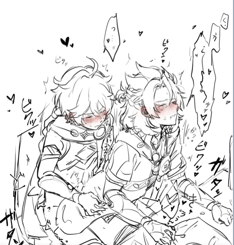 aether (genshin impact), albedo (genshin impact), blush, closed eyes, desk, genshin impact, half-dressed, hip grab, long hair, male, male only, male penetrating, penis, ponytail, scarf, sitting on penis, sweat, thrusting into ass, yaoi