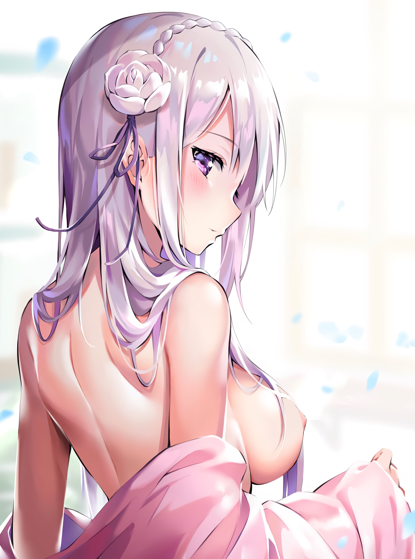 ale nqki, back, bare back, blurry, blush, braid, breasts, bright pupils, censored, closed mouth, crown braid, depth of field, dress, emilia (re:zero), eyebrows visible through hair, female, flower, hair flower, hair ornament, hair over breasts, hair over shoulder, hair ribbon, high resolution, in profile, large breasts, long hair, looking at viewer, looking back, looking to the side, naki-kasa, nipples, no bra, nude filter, petals, pointed ears, purple eyes, purple hair, re:zero kara hajimeru isekai seikatsu, revision, ribbon, shoulder blades, sideboob, silver hair, solo, tagme, third-party edit, tied hair, topless female, undressing, upper body, white hair, window