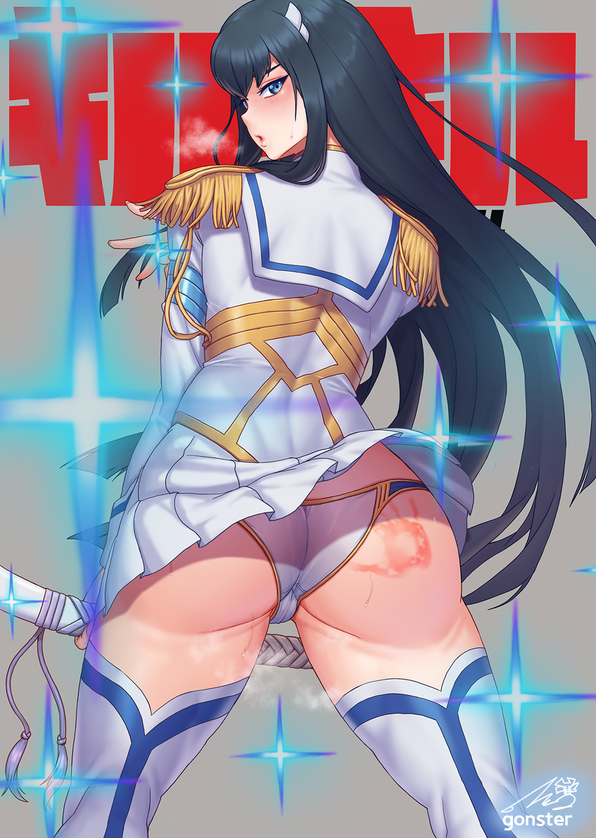 ass black_hair blue_eyes blush gonster heavy_breathing kill_la_kill kiryuuin_satsuki long_hair looking_at_viewer looking_back panties skirt skirt_lift spank_marks spanked standing sweat tagme thigh_boots thighhighs thighs trefoil white_panties