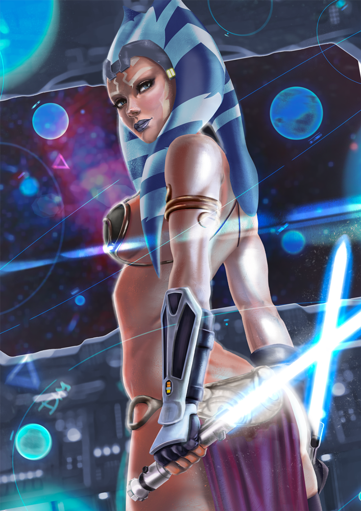 1girls ahsoka_tano armlet belly_dancer belly_dancer_outfit blue_eyes dancer_outfit dhmoldon dual_wielding female female_only harem_girl harem_outfit lightsaber loincloth looking_back orange_skin realistic slave_bikini slave_leia_(cosplay) slave_outfit solo star_wars the_clone_wars:_season_seven togruta