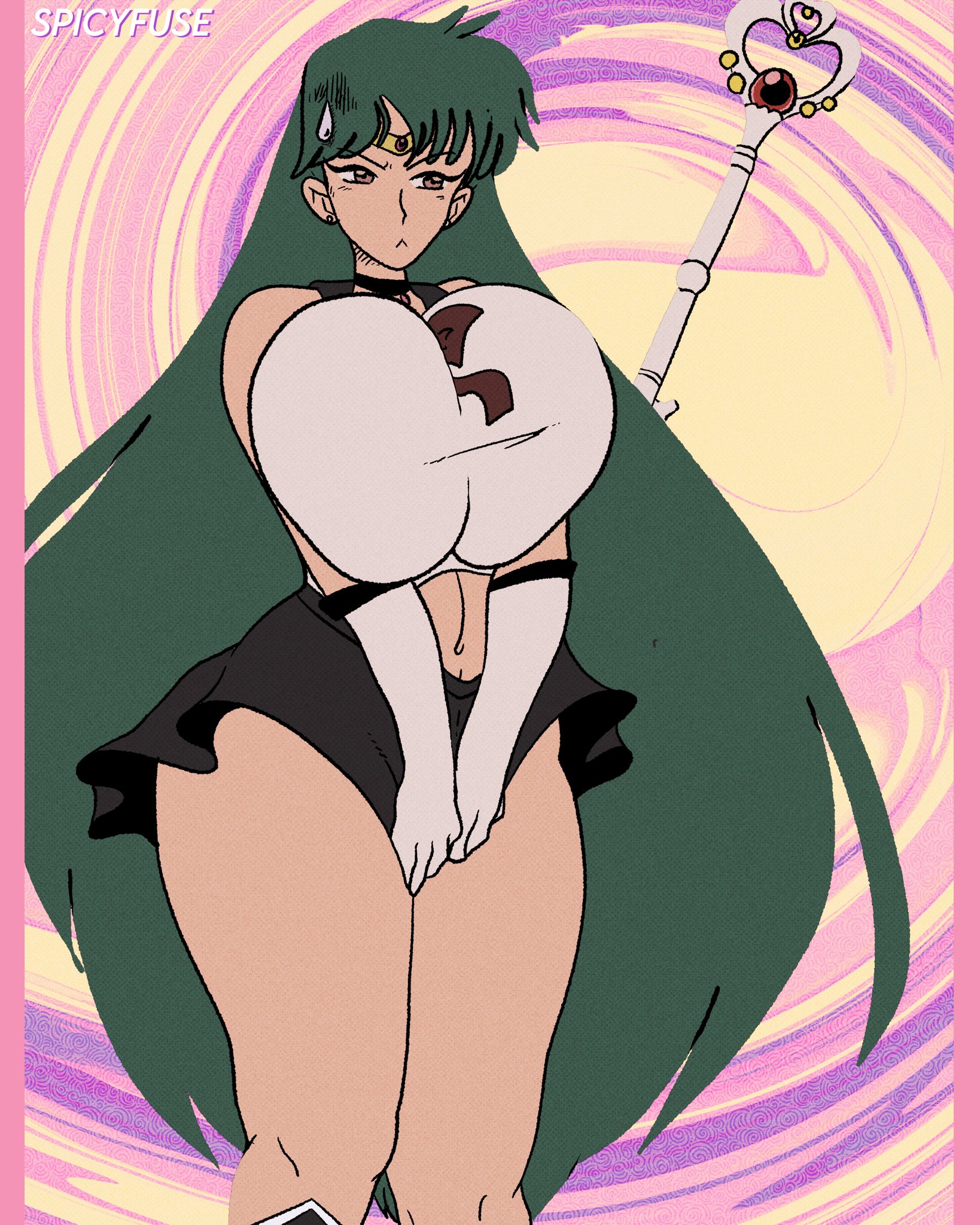 1girls, alternate breast size, big breasts, bishoujo senshi sailor moon, breasts, breasts pressed together, busty, character request, clothing, colored, curvy, female, green hair, huge breasts, large breasts, long hair, midriff, sailor pluto, setsuna meiou, skirt, solo, solo female, spicyfuse, sweatdrop, thick thighs, tiara