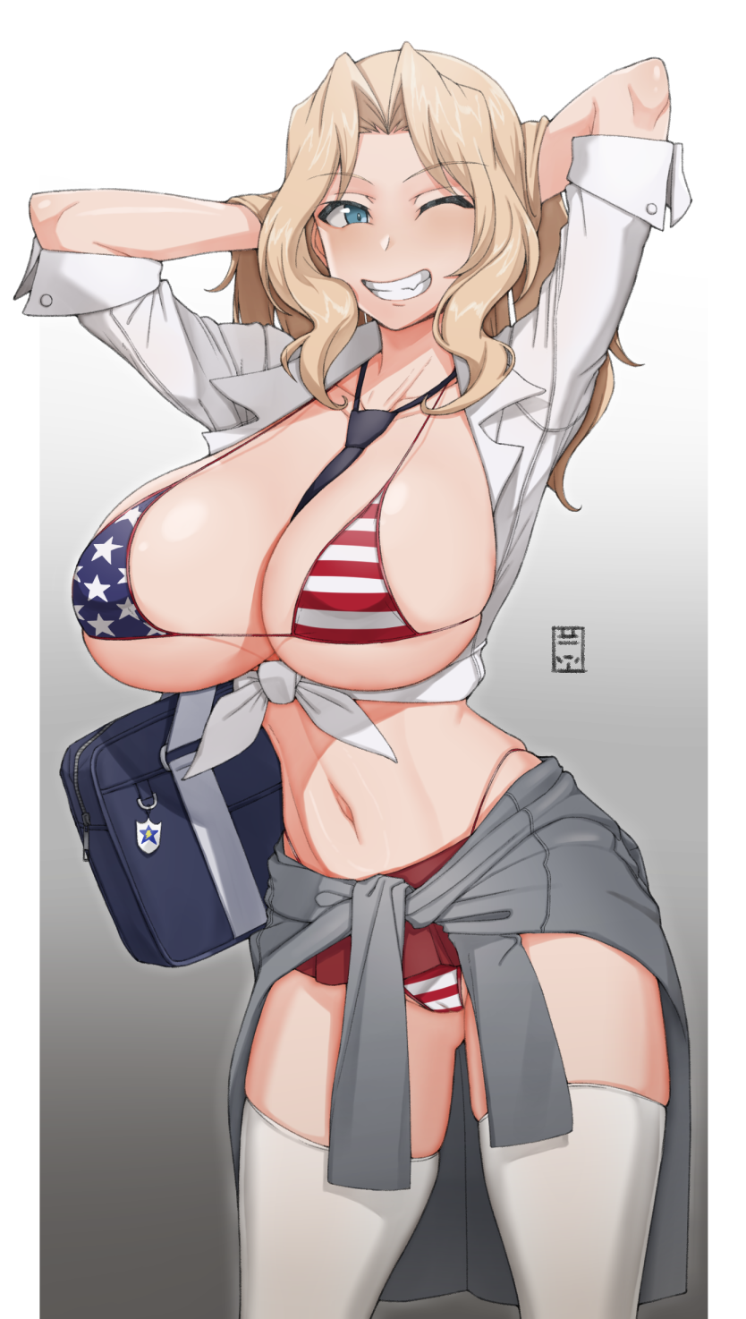 1girls, american flag bikini, between breasts, bikini, blonde hair, blue eyes, breasts, clothes around waist, female, female only, flag print, girls und panzer, grin, gyaru, handplug, highres, huge breasts, imminent rape, kay (girls und panzer), large breasts, long hair, microskirt, necktie between breasts, pleated skirt, red skirt, skirt, solo, solo female, swimsuit, swimsuit under clothes, thighhighs, tie, tied shirt, tomboy, white legwear, white shirt, white stockings, wholesome