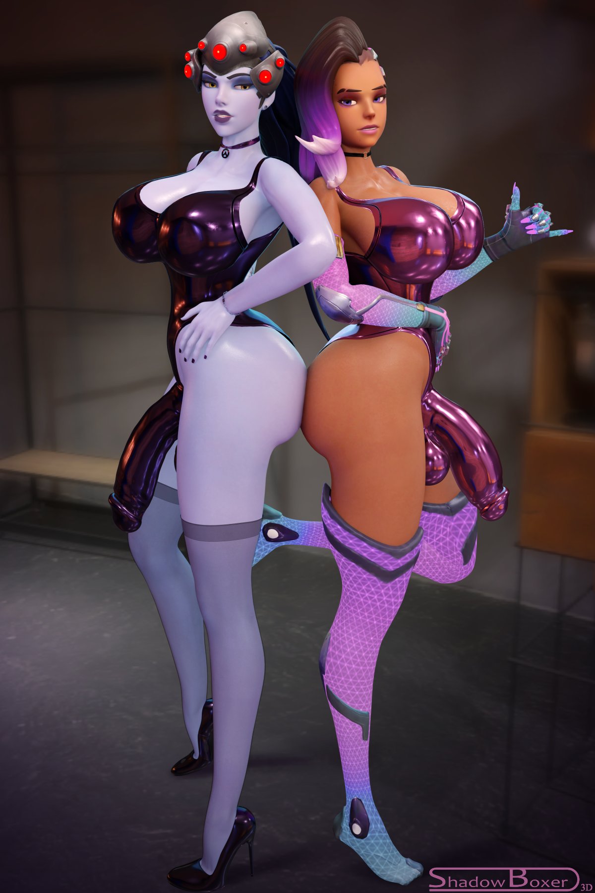 2futas, 3d, big breasts, big penis, blender, breasts, bulge, casual, cleavage, cock sleeve (clothes), cock sock, dark skin, dark-skinned futa, erection, erection under clothes, futa only, futanari, genitalwear, high heels, human, intersex, large breasts, overwatch, penis, penis under clothes, shadowboxer, sombra, thick thighs, wide hips, widowmaker