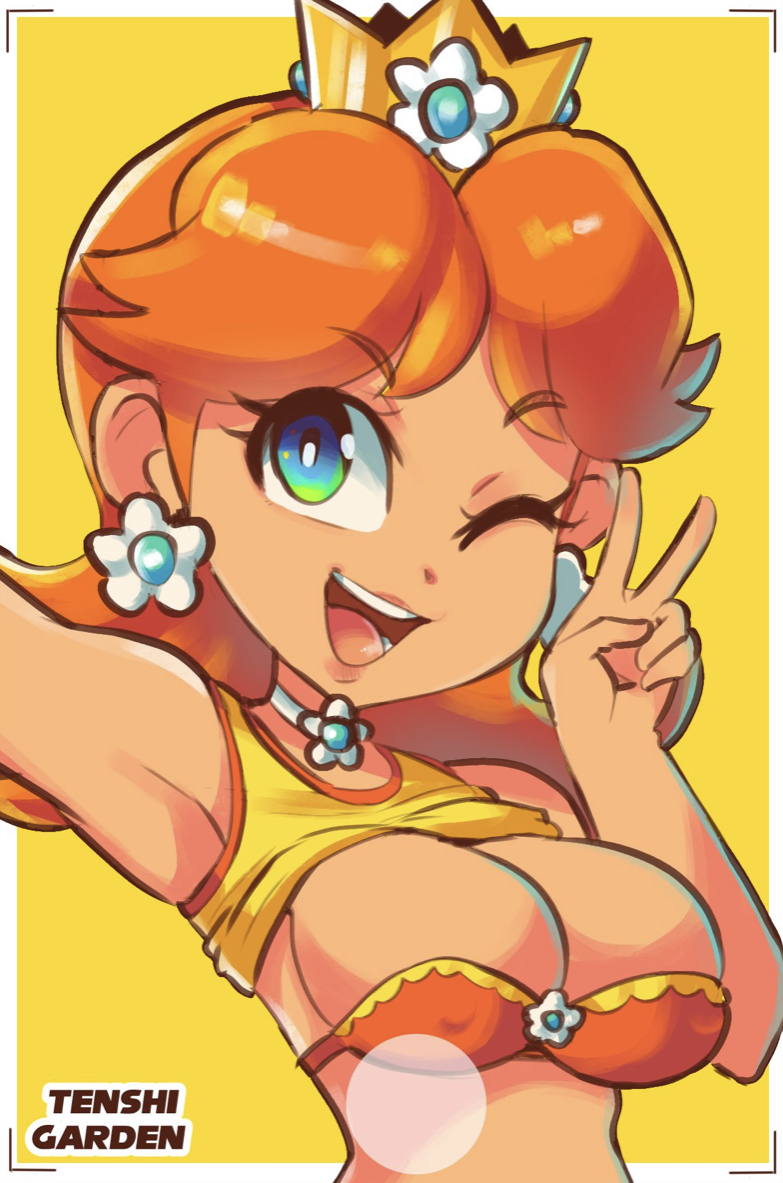 boob window, breasts, earrings, female, lifted shirt, light blue eyes, mario (series), mario tennis, nintendo, olive skin, orange hair, peace sign, princess daisy, tan, tan skin, tenshigarden