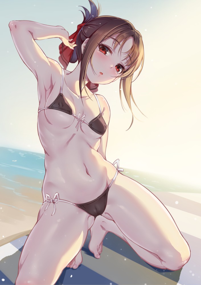 archway of venus, armpits, bangs, bare shoulders, barefoot, beach, beach towel, bikini, black bikini, black hair, black swimsuit, blush, breasts, cameltoe, clavicle, crotch, day, erect nipples, erect nipples under clothes, eyebrows visible through hair, feet, female, folded ponytail, front-tie bikini, front-tie top, full body, hair ornament, hair ribbon, kaguya-sama wa kokurasetai ~tensai-tachi no renai zunousen~, looking at viewer, miazi, navel, nipples, one arm up, open mouth, outdoors, parted bangs, ponytail, pussy, red eyes, red ribbon, ribbon, shinomiya kaguya, side-tie bikini, sidelocks, small breasts, solo, spread legs, stomach, swimsuit, tagme, thighs, tied hair, towel, underboob