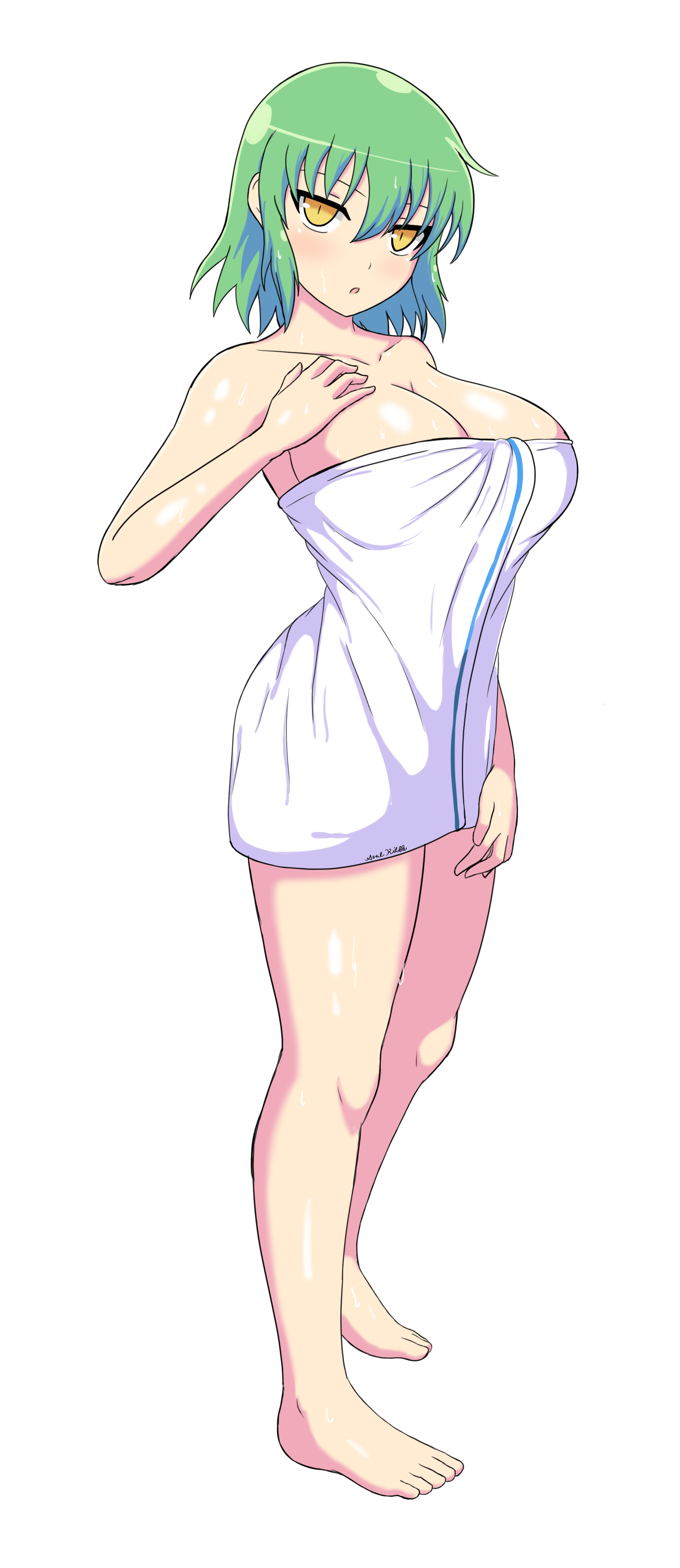 2021, big breasts, breasts, female, green hair, hikage (senran kagura), self upload, senran kagura, senran kagura (series), soulkibble, towel, yellow eyes