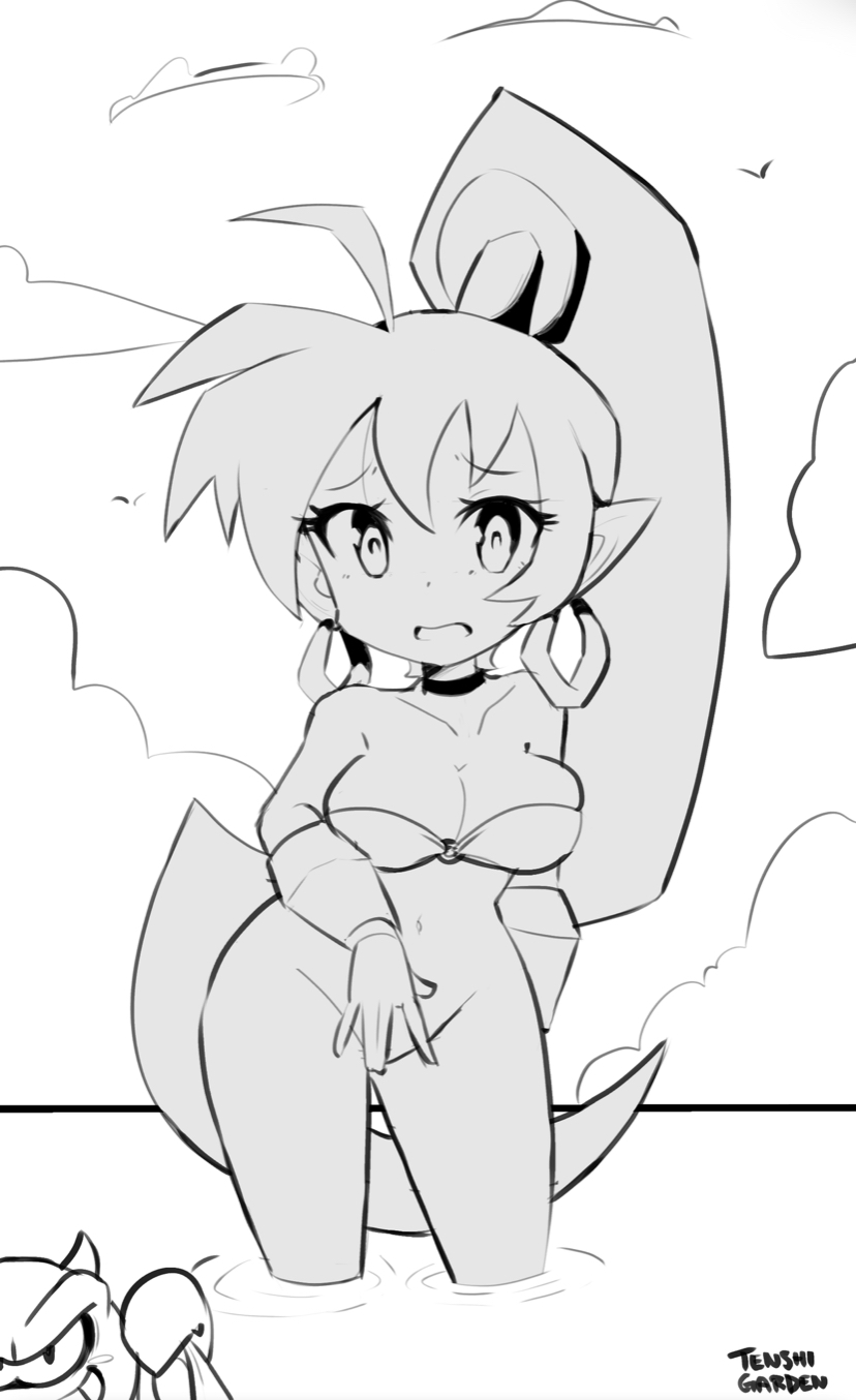 1girls, black and white, bottomless, bracelet, clouds, covering crotch, covering pussy, embarrassed, exposed, female, female only, hourglass figure, lost clothes, monochrome, navel, ocean, partially clothed, pussy, shantae, shantae (character), smooth skin, solo, standing, standing in water, stolen clothes, tenshigarden, wide hips