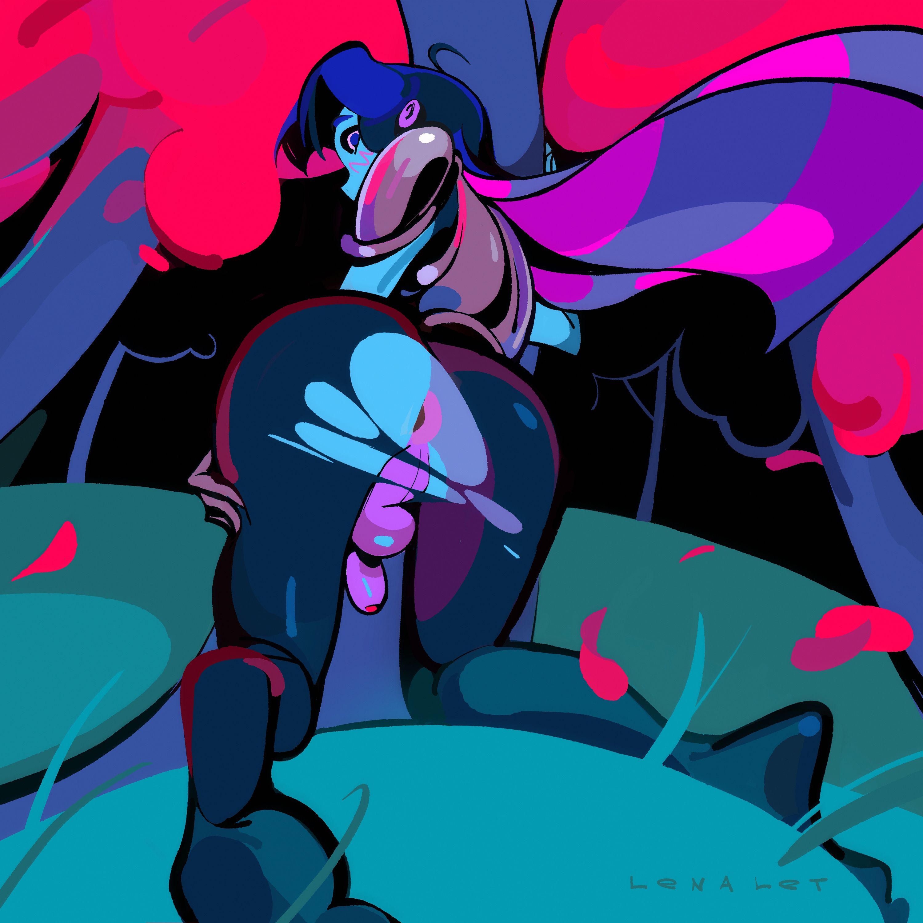 1boy, ass, big ass, blue body, blue skin, blush, bubble ass, bubble butt, deltarune, femboy, kris (deltarune), lenalet, looking at viewer, looking back, male, male focus, male only, penis, presenting, presenting anus, presenting ass, presenting hindquarters, ripped clothing, ripped pants, small penis, solo, solo male