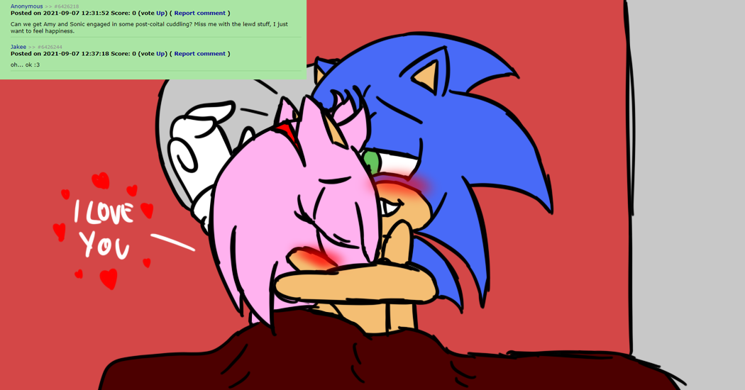 1boy 1girls 4_fingers amy_rose anthro arms_wrapped_around_partner bed blanket blue_fur blue_hair bob_cut closed_eyes cuddling cute dialogue digital_media_(artwork) embrace english_text eulipotyphlan female furry_only green_eyes hair_accessory hairband half-closed_eyes heart hedgehog hugging i_love_you jakee love male male/female pillow pink_fur pink_hair post_sex request rule_34_comment sonic_(series) sonic_the_hedgehog straight text wholesome