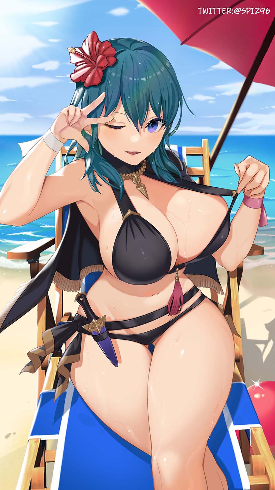 1girls ;d adjusting_clothes alternate_costume ass_visible_through_thighs ball bangs bare_legs beach beach_chair beach_umbrella bikini bikini_lift bikini_top_lift black_bikini black_capelet black_swimsuit blue_eyes blue_hair blue_sky breasts byleth_(female)_(fire_emblem) byleth_(female)_(summer)_(fire_emblem) byleth_(fire_emblem) byleth_(fire_emblem)_(female) capelet cleavage clothes_lift crossed_legs day feet_out_of_frame female fire_emblem fire_emblem:_three_houses fire_emblem_heroes flower gluteal_fold hair_flower hair_ornament hibiscus highres horizon knife large_breasts lifted_by_self long_hair looking_at_viewer navel nintendo ocean official_alternate_costume one_eye_closed open_mouth outdoors pose purple_eyes red_flower sand sideboob sitting sky smile solo spiz sweat swimsuit tassel teal_hair teasing thick_thighs thigh_strap thighs twitter_username umbrella undressing w water wet wink wristband