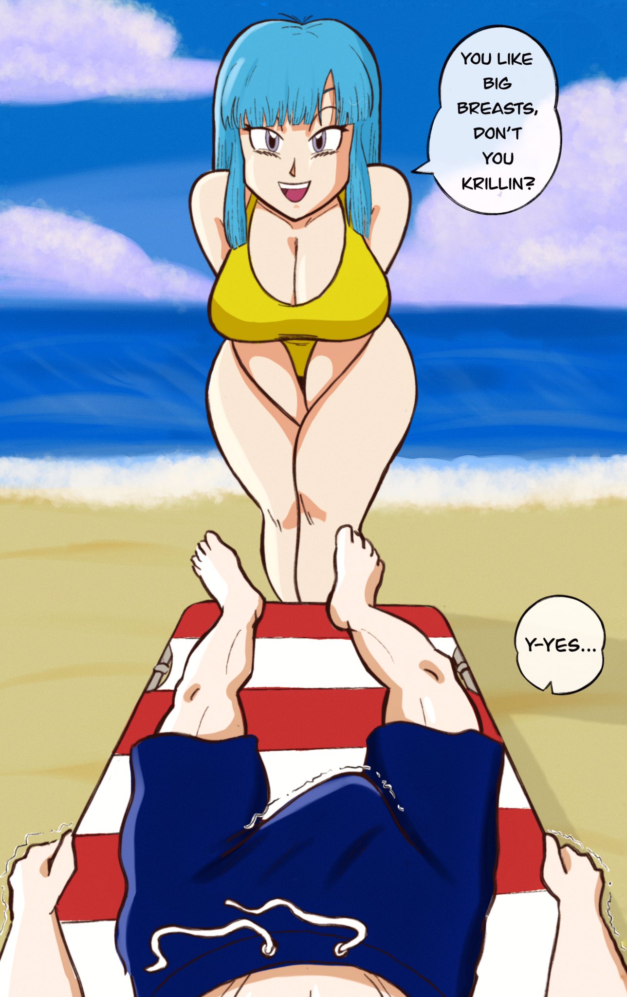 1boy, 1girls, beach, blue eyes, blue hair, breasts, cleavage, curvy female, dialogue, dragon ball, dragon ball z, erection, erection under clothes, female, female focus, j0xciv, krillin, kuririn, large breasts, leaning forward, long hair, looking at viewer, male, maron, ocean, one-piece swimsuit, open mouth, pov, smile, solo focus, speech bubble, straight, swimming trunks, swimsuit, teasing, text, unseen male face, wide hips