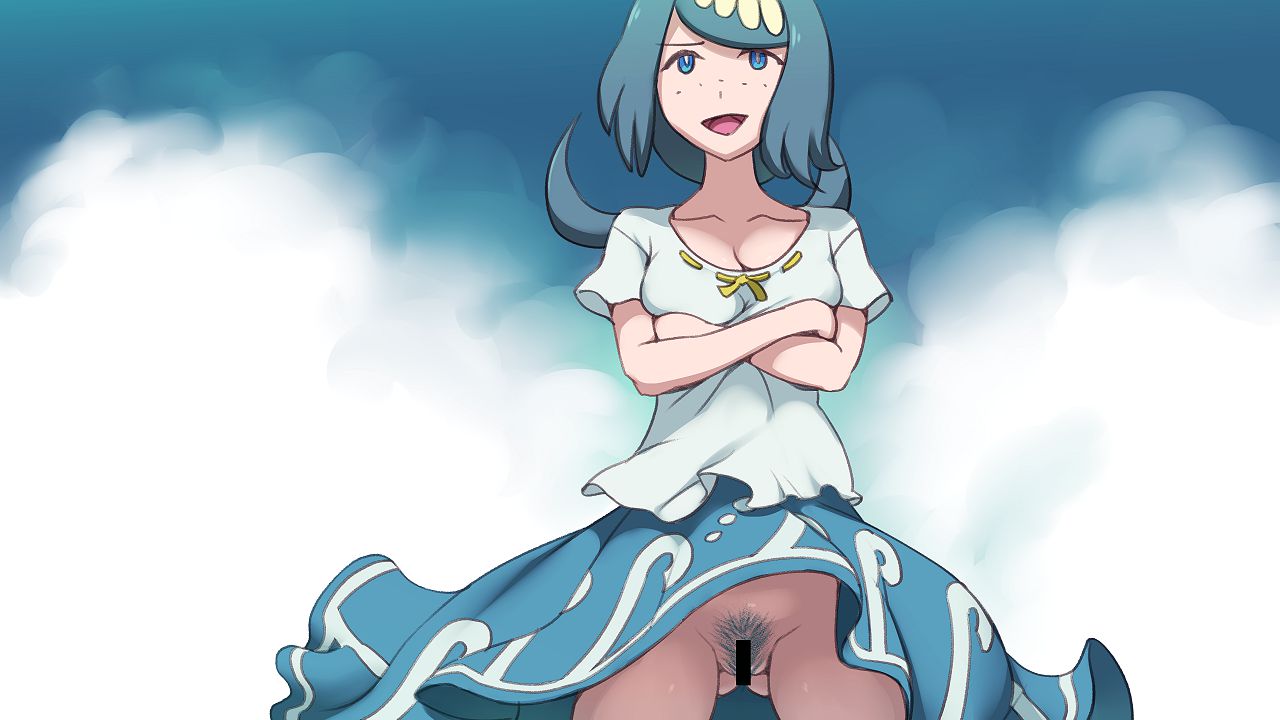 :d ass bar_censor blue_eyes blue_hair breasts censored cleavage cloud crossed_arms e_keroron female female_pubic_hair lana's_mother_(pokemon) long_hair milf mob_face mother nintendo no_panties open_mouth pokemon pokemon_sm ponytail pubic_hair skirt smile solo upskirt