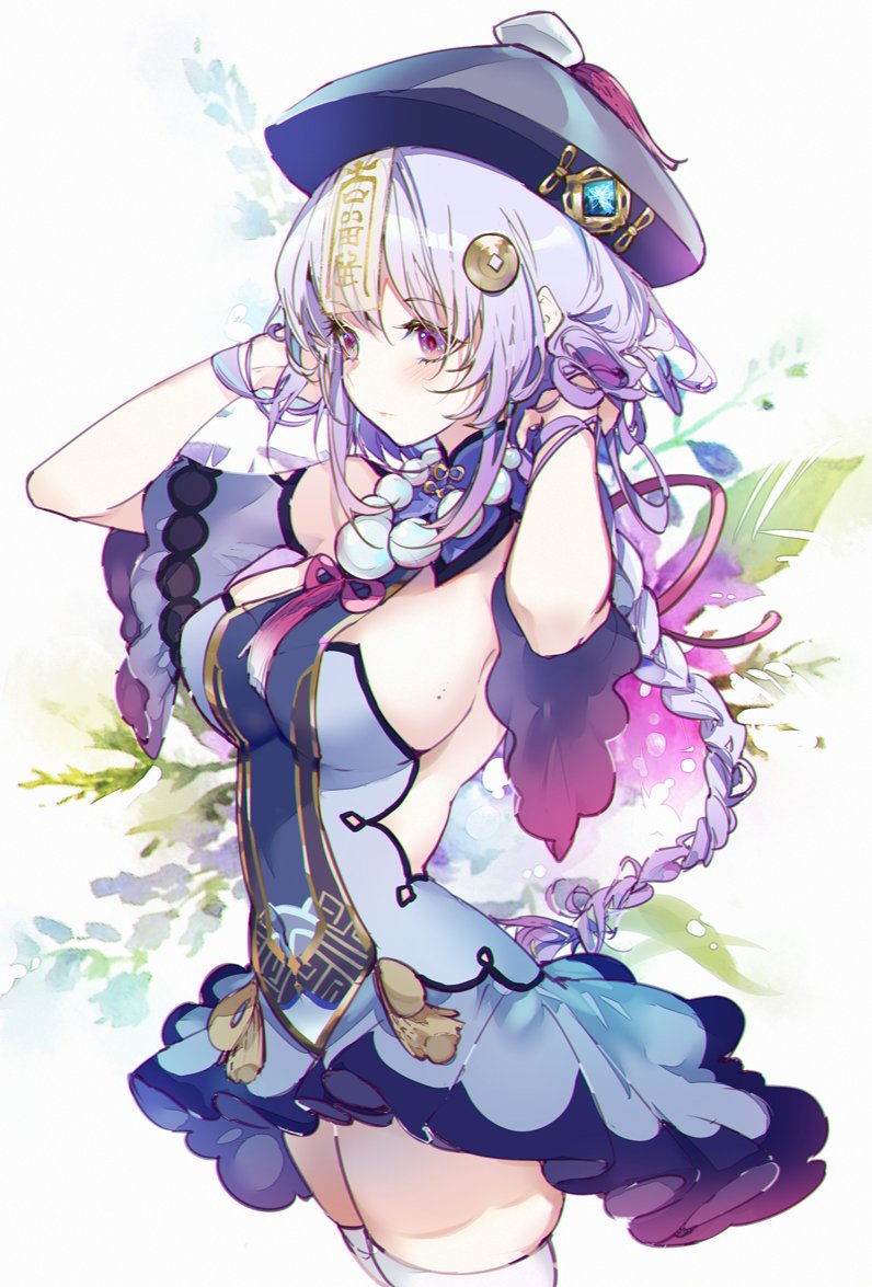 1girls, adult, big breasts, breasts, dress, female, genshin impact, kinokohime, purple eyes, purple hair, qiqi (genshin impact), short dress, thick thighs, thighhighs, thighs