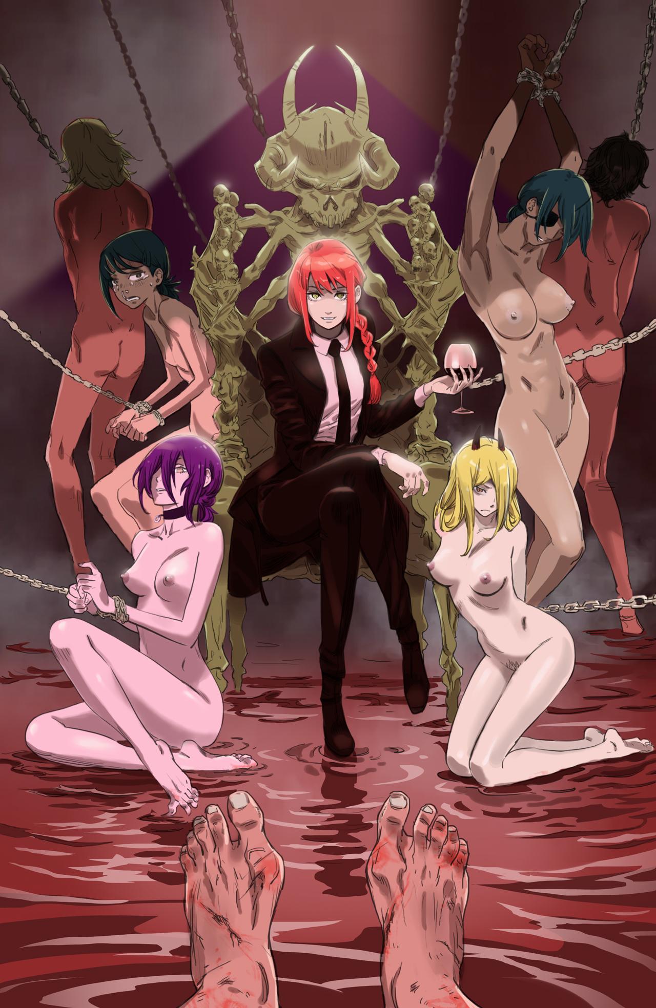 5girls, artist request, bones, chains, chainsaw man, clothed female nude female, female, female only, femdom, femsub, higashiyama kobeni, makima (chainsaw man), multiple females, multiple girls, power (chainsaw man), quanxi (chainsaw man), restrained, reze (chainsaw man), throne