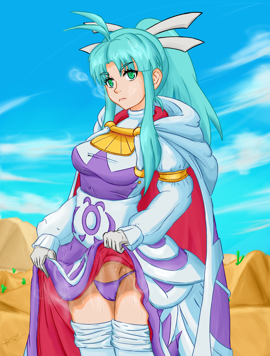 armband blue_hair bogar camelot cloak desert frown gold golden_sun green_eyes hair_ornament hair_ribbon high_ponytail jewelry long_hair looking_at_viewer mia_(golden_sun) necklace nintendo outside pale_skin panties ponytail robe skirt_lift sweat thighhighs wet