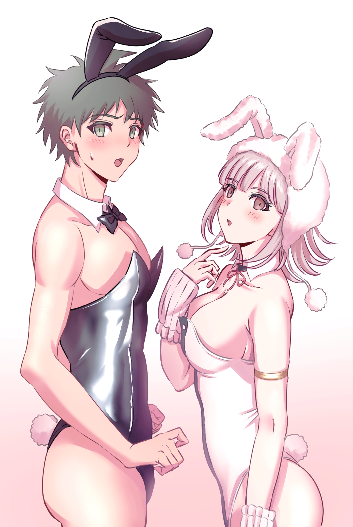 1boy, 1girls, blush, bow, bowtie, breasts, bunny boy, bunny ears, bunny girl, bunny tail, bunnysuit, cleavage, danganronpa, danganronpa 2: goodbye despair, embarrassed, female, femboy, hinata hajime, hougu kmh, light skin, looking at viewer, male, nanami chiaki, side view, sideboob, straight hair