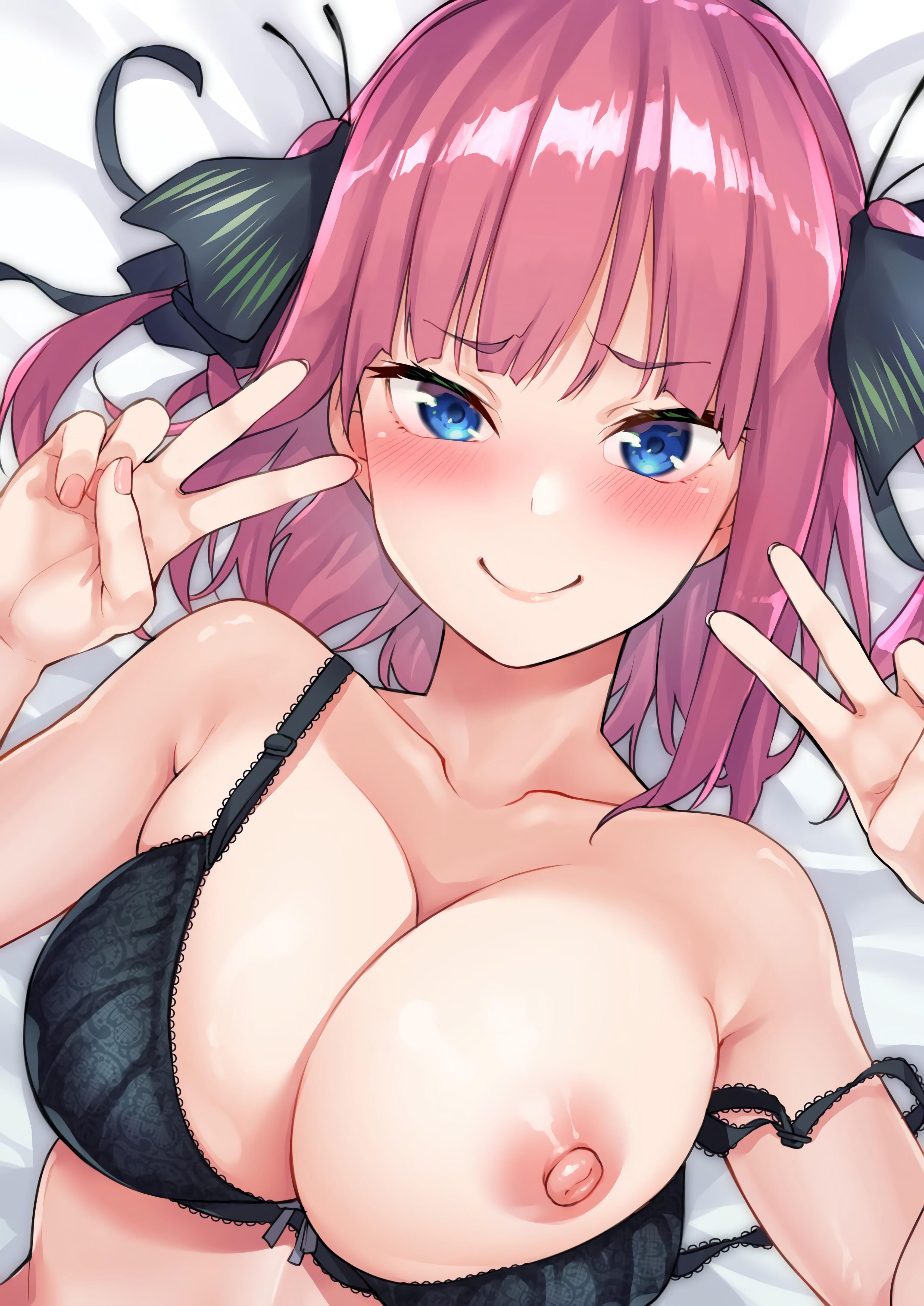 :>, 1girls, absurd res, absurdres, areolae, big breasts, black bra, blue eyes, blush, bra, breasts, butterfly hair ornament, female, go-toubun no hanayome, hi res, high resolution, highres, human, kinoe tsuki, nakano nino, nipples, one breast out, pink hair, solo, v