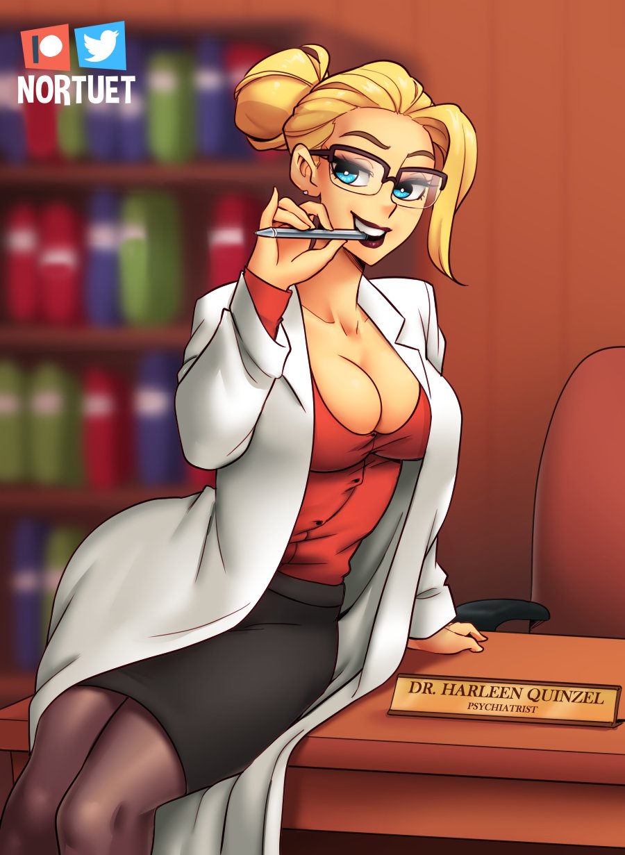 1girls, 2d, alternate version available, batman (series), big breasts, blonde hair, blouse, blue eyes, breasts, cleavage, clothed, clothed female, color, curvy, dc, dc comics, doctor, dr. harleen quinzel, female, female only, full color, glasses, hair bun, happy female, harleen quinzel, hi res, labcoat, long hair, looking at viewer, non-nude, nortuet, office, open mouth, pantyhose, pose, seductive look, simple background, skirt, smile, solo, solo female, text, watermark, wide hips