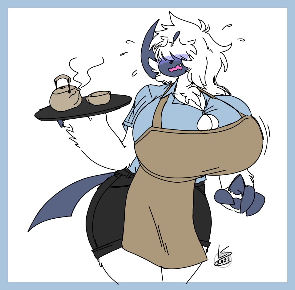 2021 absol anthro anthro_only apron big_breasts cynthia_(lunarspy) embarrassed female female_only furry holding_object hourglass_figure lunarspy nintendo pokémon_(species) pokemon pokemon_(species) shorts thick_thighs