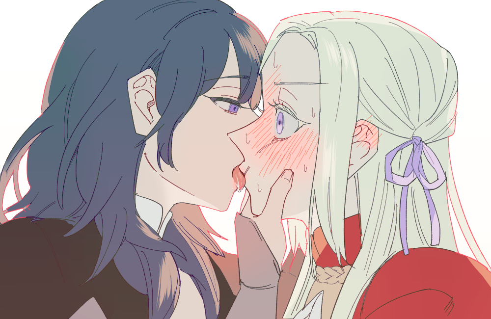 2girls, assertive female, bang gu9, blonde hair, blue hair, blush, blushing, byleth (fire emblem), byleth (fire emblem) (female), cheek squash, commentary request, ear blush, edelgard von hresvelg, embarrassed, eyebrows visible through hair, female, fire emblem, fire emblem: three houses, heavy blush, kissing, licking lips, light purple eyes, multiple females, multiple girls, nintendo, purple eyes, simple background, sweat, teal hair, tongue, tongue out, white background, yuri
