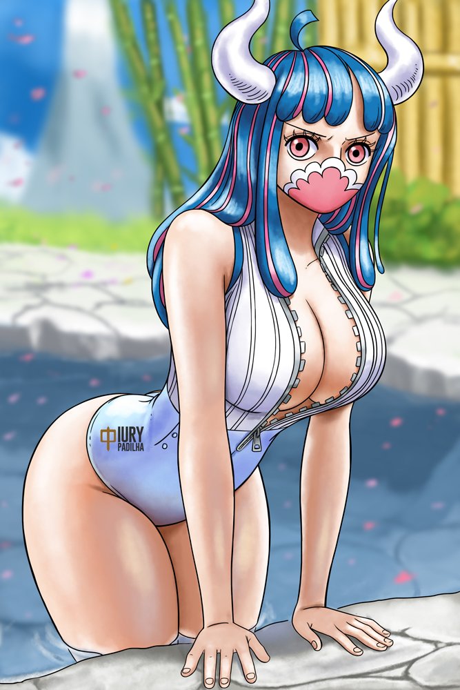 1girls, all fours, ass, bamboo, big ass, big breasts, big butt, blue hair, blue-haired female, breasts, cleavage, clouds, collarbone, covered mouth, eyebrows, eyelashes, face mask, facemask, female, female only, fit, fit female, horned female, horns, iury padilha, large breasts, long hair, mountain background, one piece, onsen, partially submerged, partially submerged legs, petals, pink eyes, pink hair, pink-eyed female, pose, posing, sky, solo, swimsuit, two-tone hair, ulti (one piece), voluptuous, voluptuous female, watermark, white horns, white swimsuit, wooden wall, zipper, zipper down