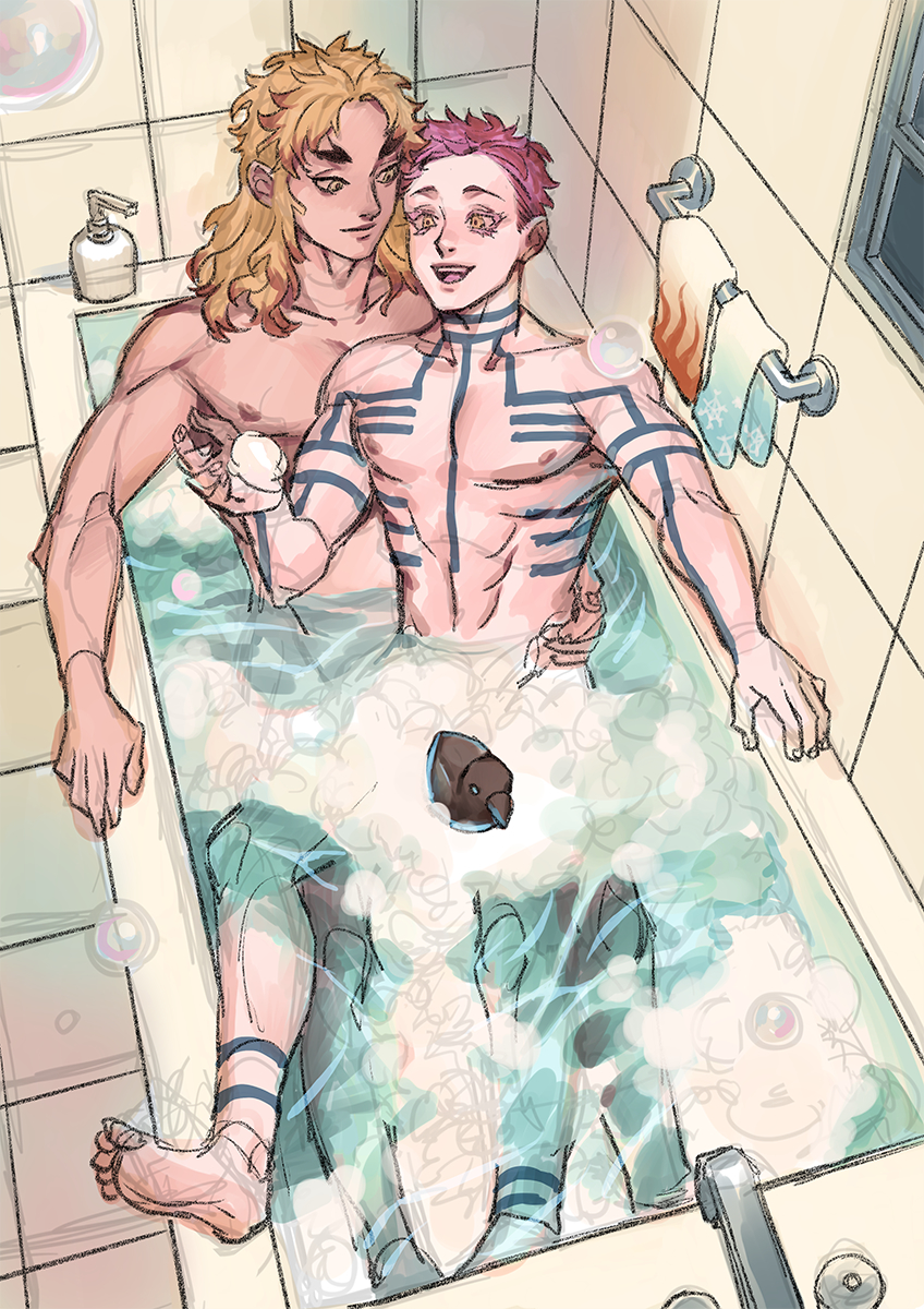 2boys akaza_(kimetsu_no_yaiba) bath bathing bathroom bathtub blonde_hair body_markings convenient_censoring demon_slayer gay hair_down human kaizbow kimetsu_no_yaiba male male_only muscular nude pink_hair rengoku_kyoujurou shared_bathing sitting_on_lap sitting_on_person smile tattoos yaoi