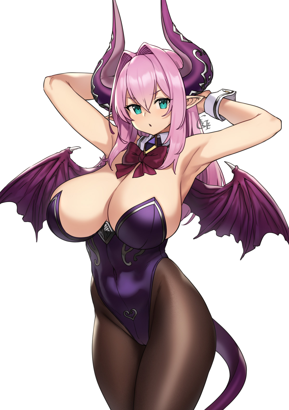 1girls, aqua eyes, armpits, arms behind head, big breasts, bodysuit, breasts, cattleya (houtengeki), cleavage, demon, demon girl, demon horns, demon tail, demon wings, detached collar, female, female only, horns, houtengeki, large breasts, leotard, long hair, looking at viewer, neck ribbon, original, original character, pantyhose, pink hair, pointy ears, solo, solo female, succubus, succubus horns, succubus tail, succubus wings, tail, white background, wings, wrist cuffs