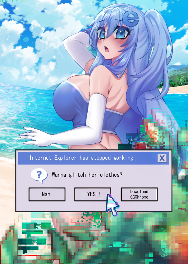 1girls 2021 beach big_breasts blue_eyes blue_hair blush humor internet_explorer internet_explorer-tan internet_explorer_chan looking_at_viewer looking_back os-tan osiimi site-tan solo solo_female tagme