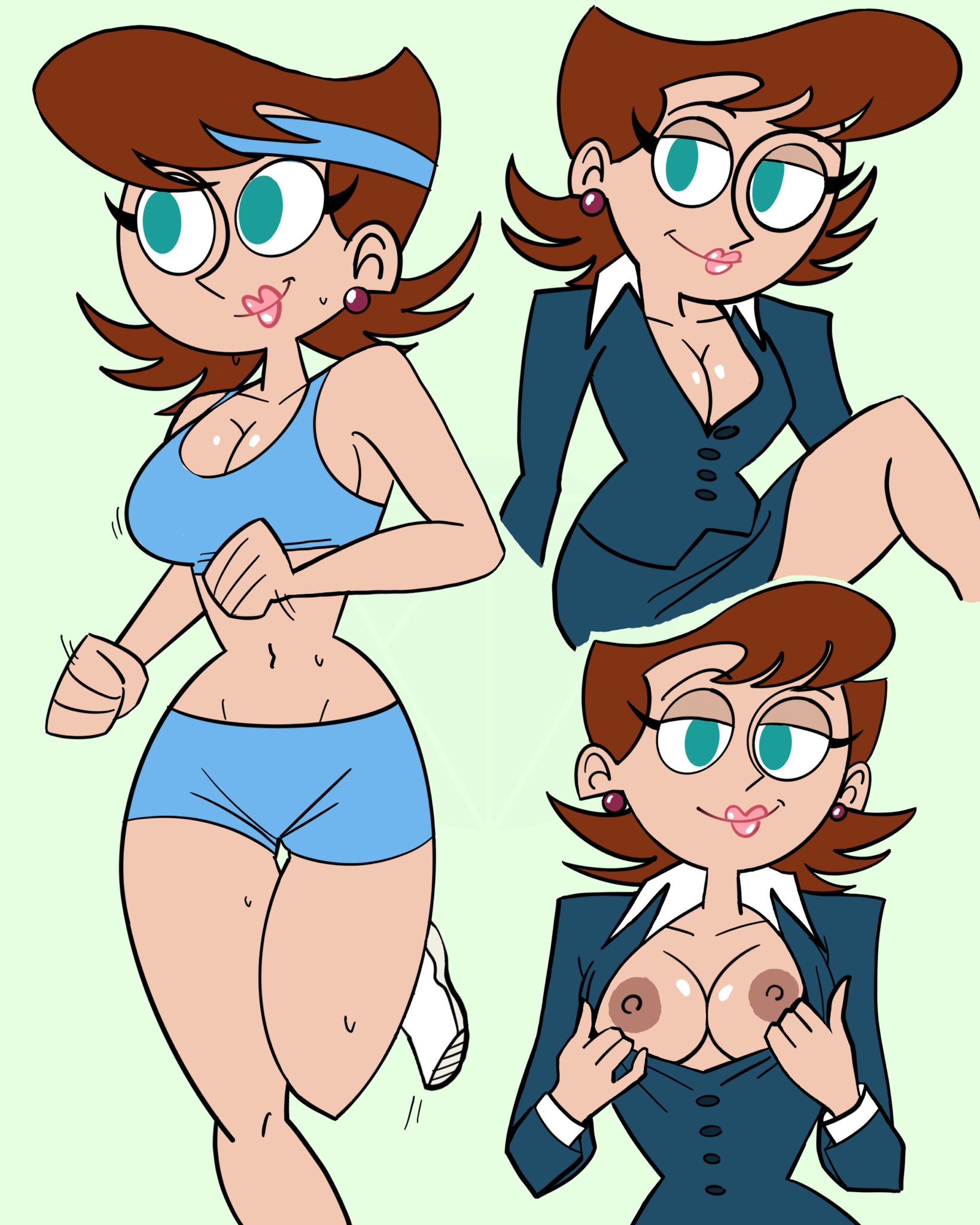 1girls, areolae, blue eyes, breasts, brown hair, cartoon network, cleavage, clothed, earrings, exposed breasts, female, female only, flashing, headband, j0xciv, johnny test (series), lila test, lipstick, looking at viewer, milf, nipples, no bra, office lady, shorts, skirt, smile, solo, sports bra, sweat, workout clothes