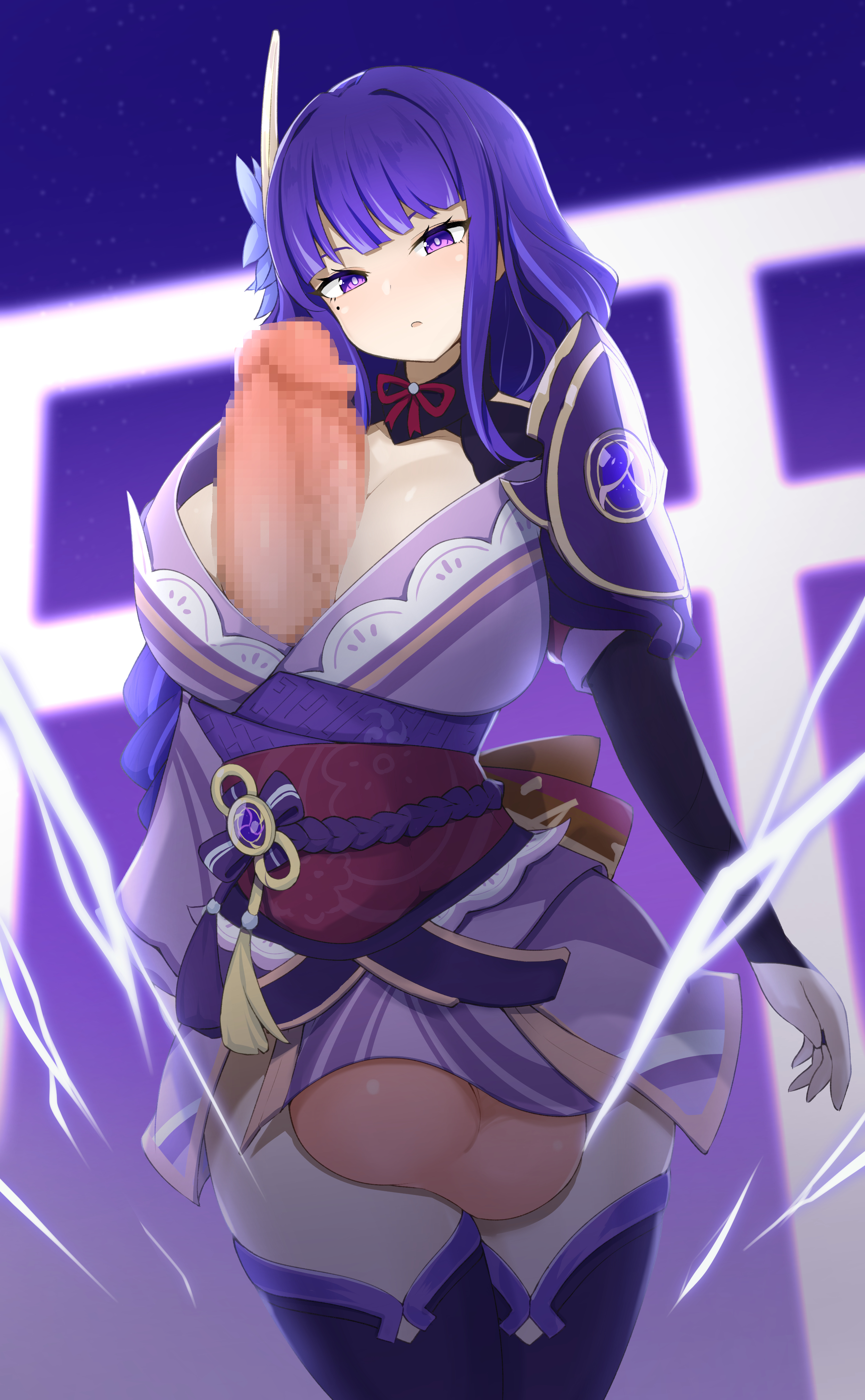 1futa, 2021, autopaizuri, autopaizuri under clothes, balls, beauty mark, big balls, braided hair, breasts, censored, censored penis, cleavage, clothed, clothed female, clothed paizuri, clothing, electricity, erect penis, erection, erection under clothes, female, ftnranat, futa focus, futa only, futanari, genshin impact, hair ornament, hi res, hips, huge balls, huge breasts, huge cock, human, hyper balls, hyper penis, intersex, kimono, large filesize, light skin, light-skinned futa, long hair, masturbation, mole under eye, mosaic censoring, mostly clothed, open mouth, paizuri, pale skin, penis, purple background, purple clothing, purple eyes, purple hair, purple theme, raiden shogun, simple background, slim waist, solo, standing, staring at penis, thick thighs, thighhighs, thighs, titjob, veiny penis, very long hair, wide hips