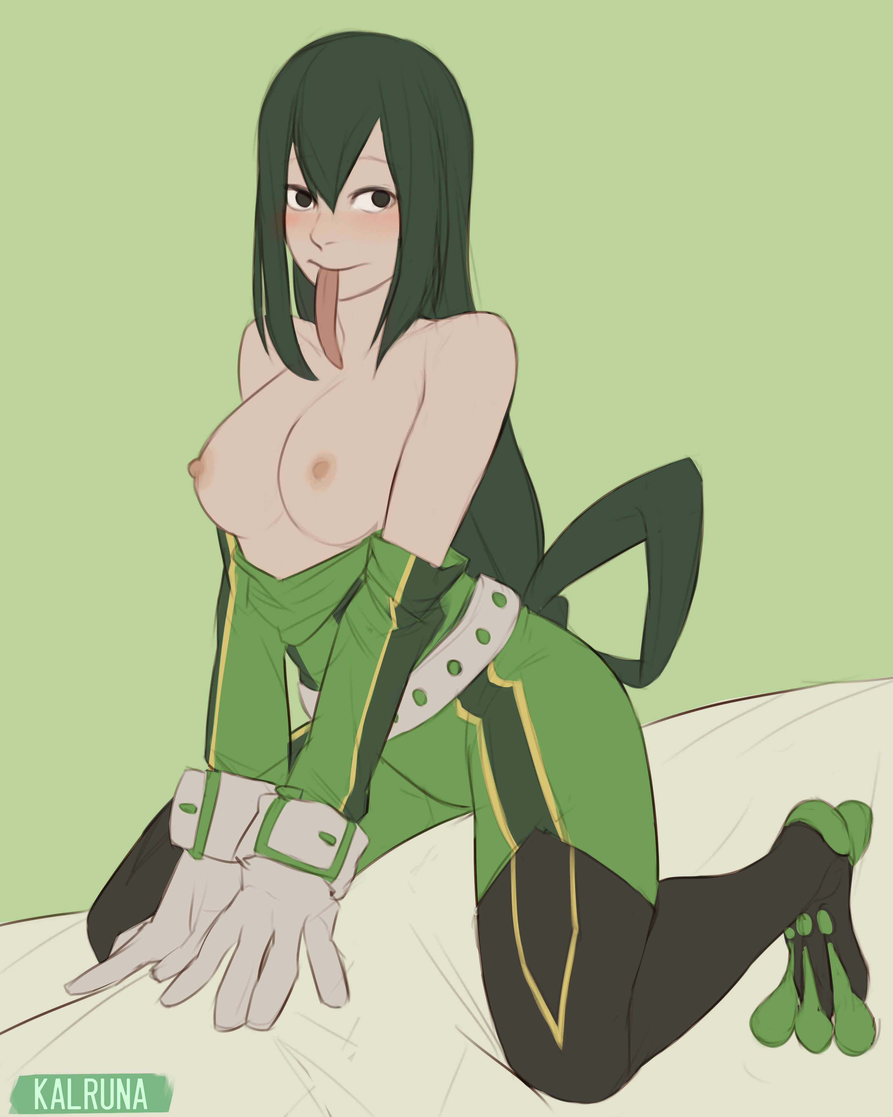 1girls, big breasts, blush, bodysuit, boots, breasts, clothes down, dark green hair, female, female focus, female only, frog, frog girl, froppy, green clothing, green hair, green-haired female, hero outfit (mha), kalruna, long hair, looking at viewer, my hero academia, naked, nipples, nude, nude female, shirt down, simple background, sitting, sitting on bed, solo, solo female, solo focus, tongue, tongue out, tsuyu asui, uncensored