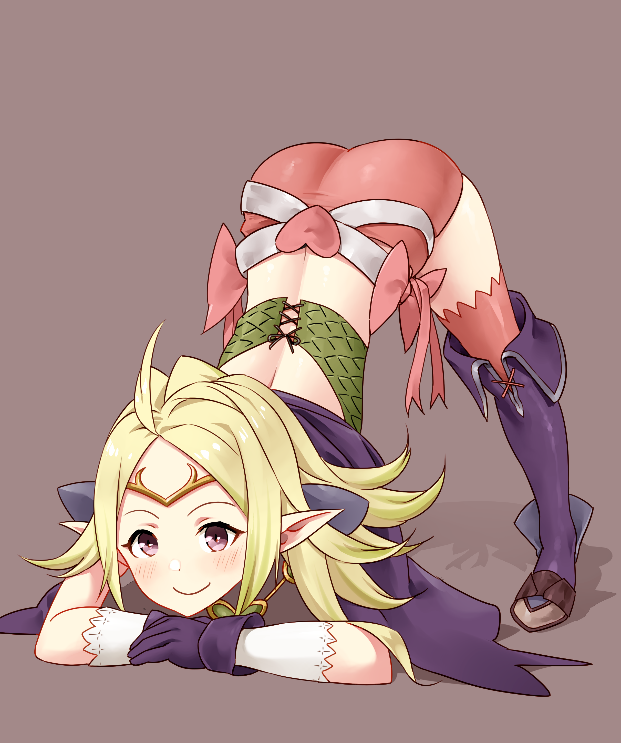 1girls, absurdres, ass, ass up, big ass, blush, bow, cape, commission, face down ass up, female, fire emblem, fire emblem awakening, gloves, highres, igni tion, jack-o pose, manakete, nintendo, nowi (fire emblem), pink bow, pointy ears, pose, purple eyes, smile, solo, spread legs, top-down bottom-up