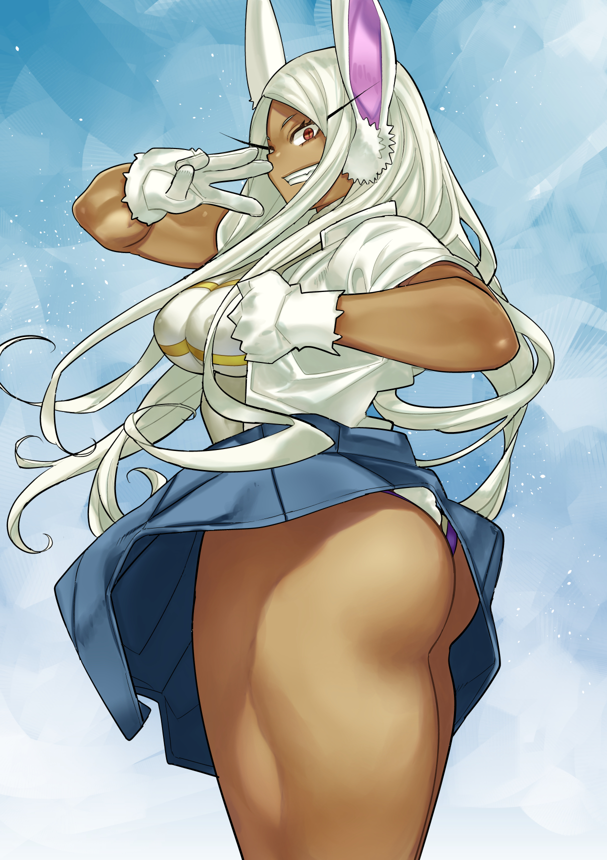 1girls, dark skin, dark-skinned female, female, miruko, my hero academia, rumi usagiyama, school uniform, schoolgirl, shosho oekaki, skirt lift, solo, upskirt, white hair
